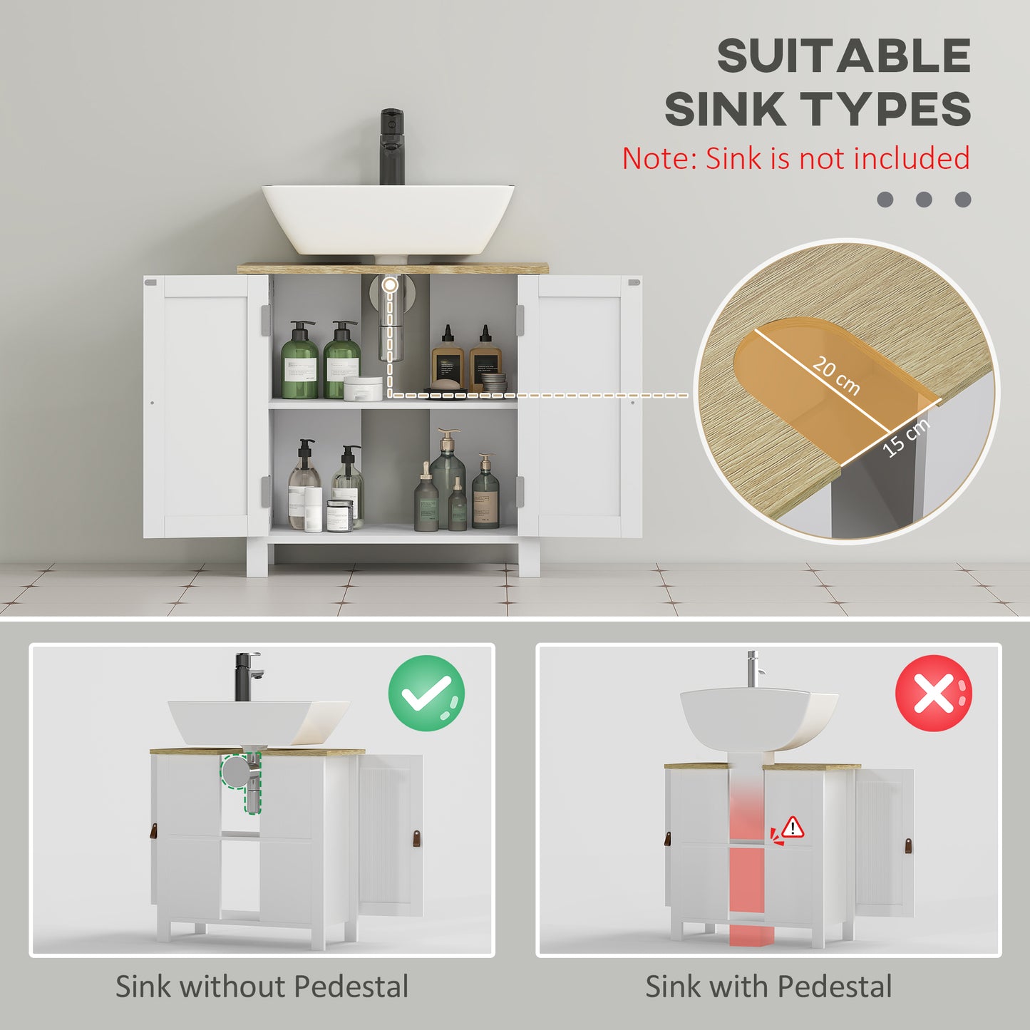Kleankin Under Sink Bathroom Cabinet For Basin Without Pedestal White Space Saving Storage Organizer For Small Bathrooms