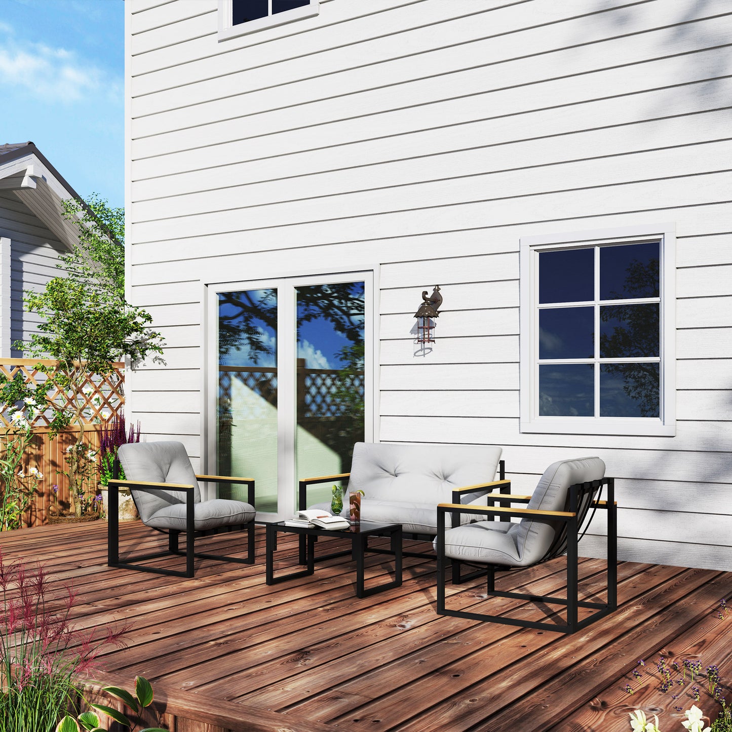 Outsunny 4 Piece Garden Furniture Set Conservatory Loveseat Armchairs Glass Top Coffee Table Cushions Light Grey