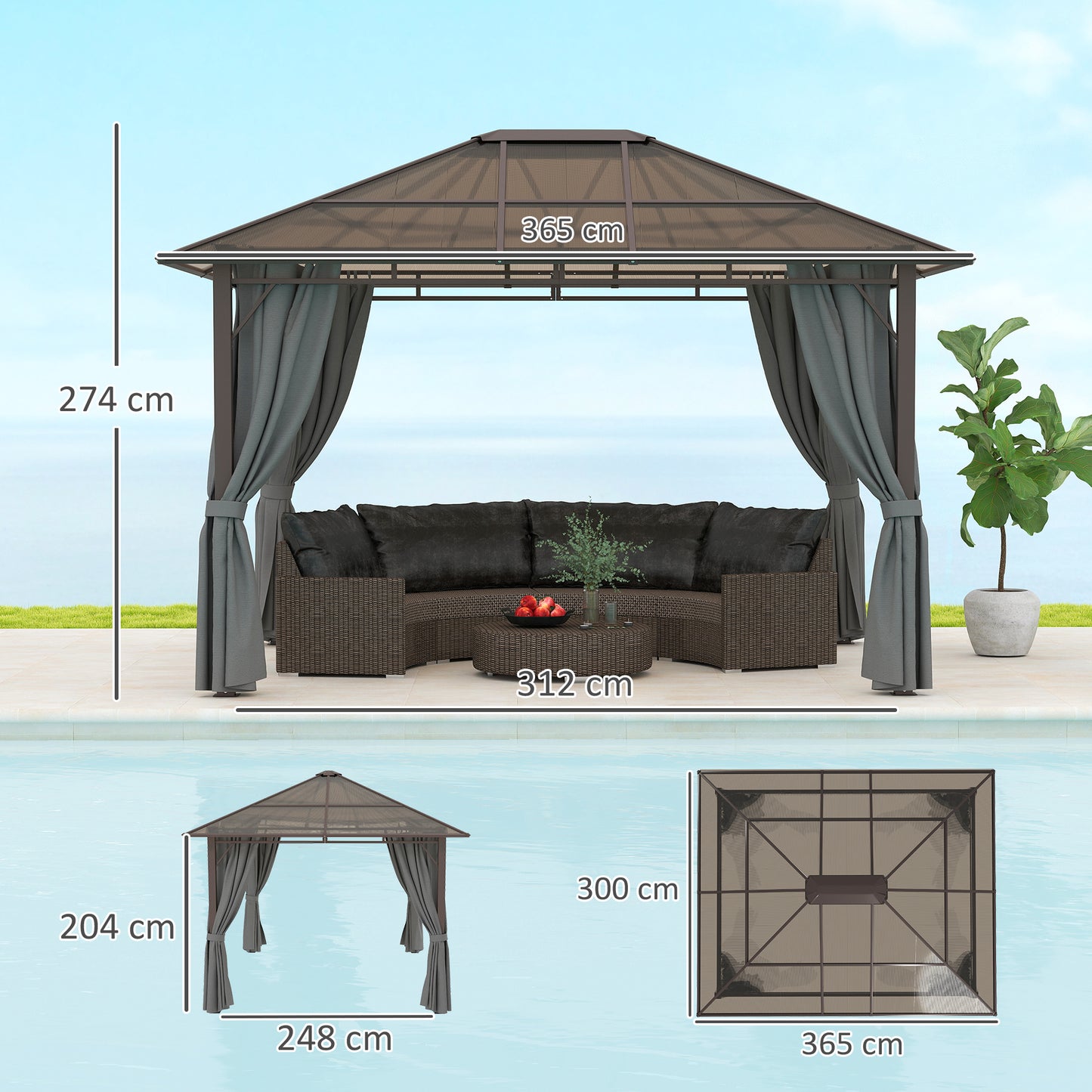 Outsunny 3x3.6m Hardtop Gazebo With Polycarbonate Roof Garden Pavilion Removable Curtains Steel Frame Dark Grey