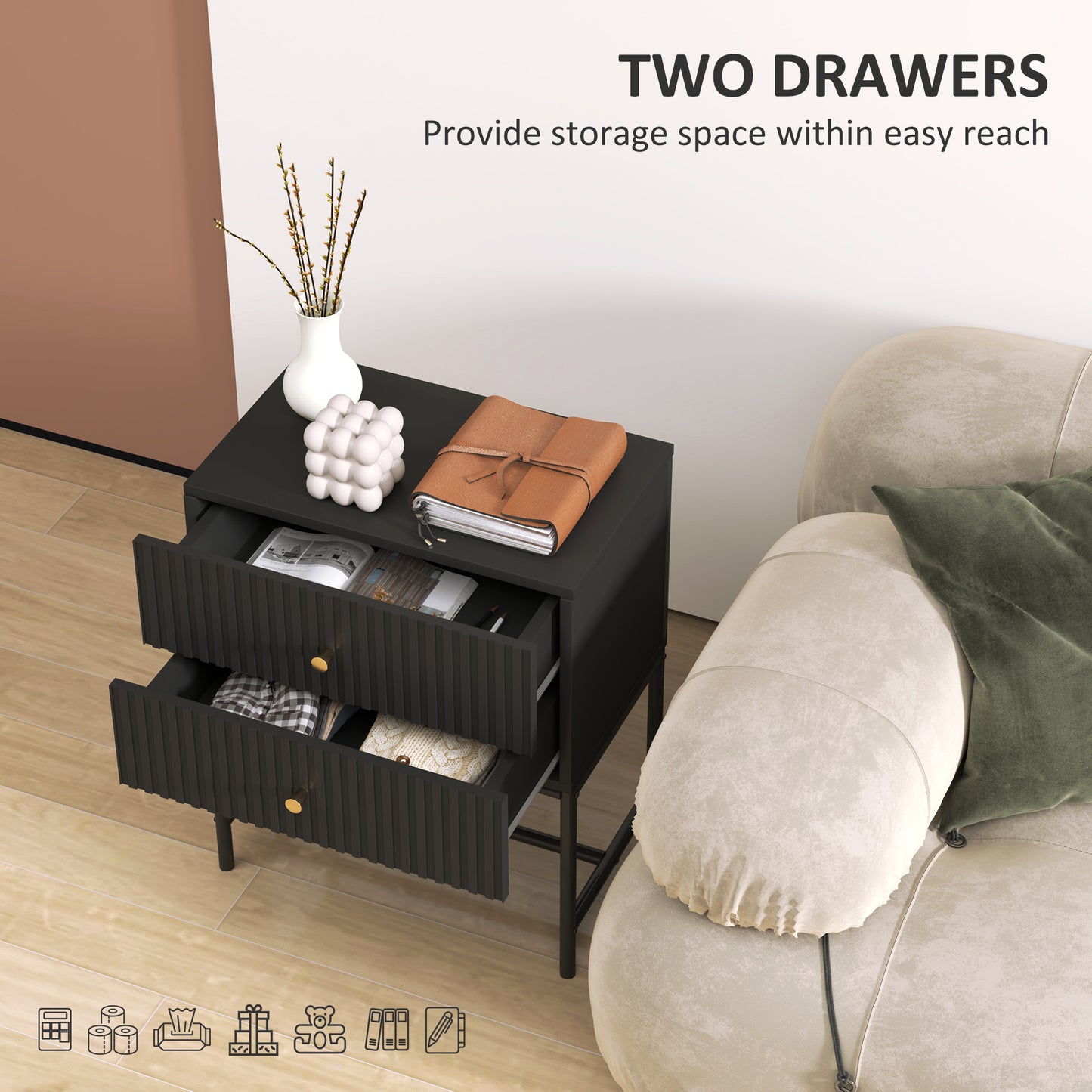 Homcom Elegant Two Drawer Bedside Table Set Of 2 Black Nightstands With Gold Handles
