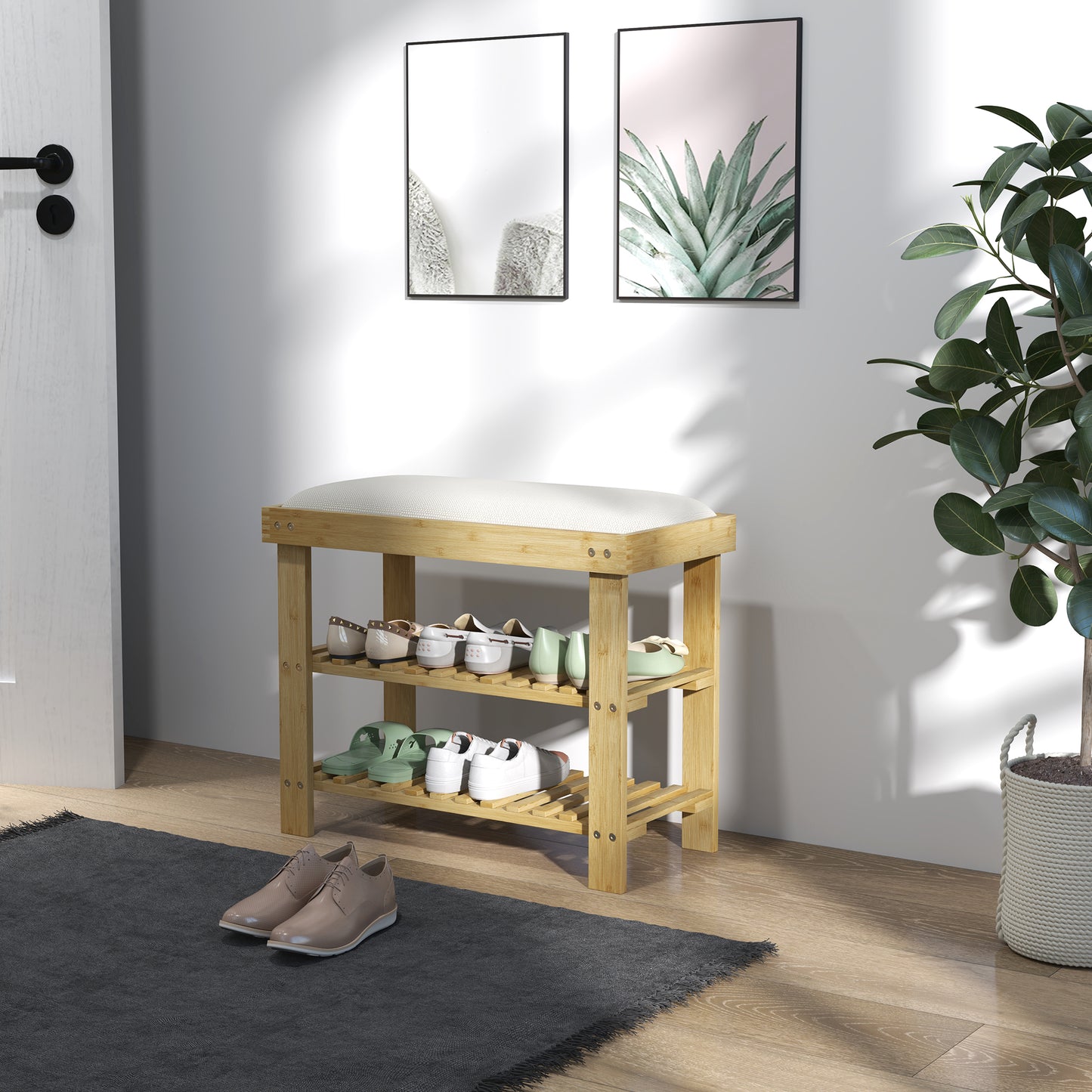 HOMCOM Bamboo Shoe Storage Bench 3 Tier With Seat Cushion Cream White for Entryway Hallway Living Room Bedroom