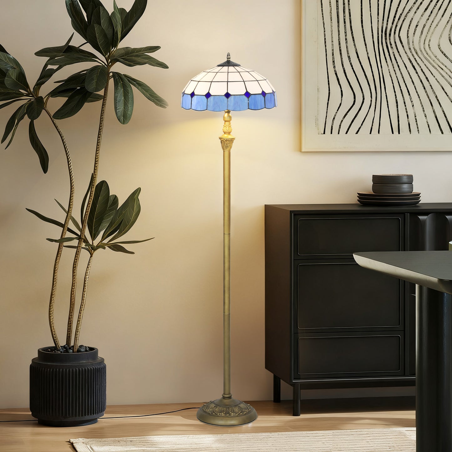 HOMCOM Tiffany Style Floor Lamp With Stained Glass Shade 152cm Tall Foot Switch Dual Sockets Bronze Blue Living Room