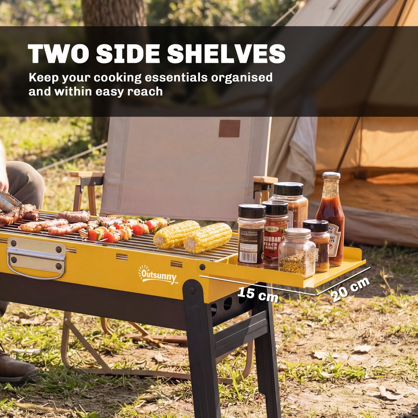 Outsunny Yellow Portable Foldable Charcoal BBQ Grill For Camping And Picnics With Two Side Shelves And Handle