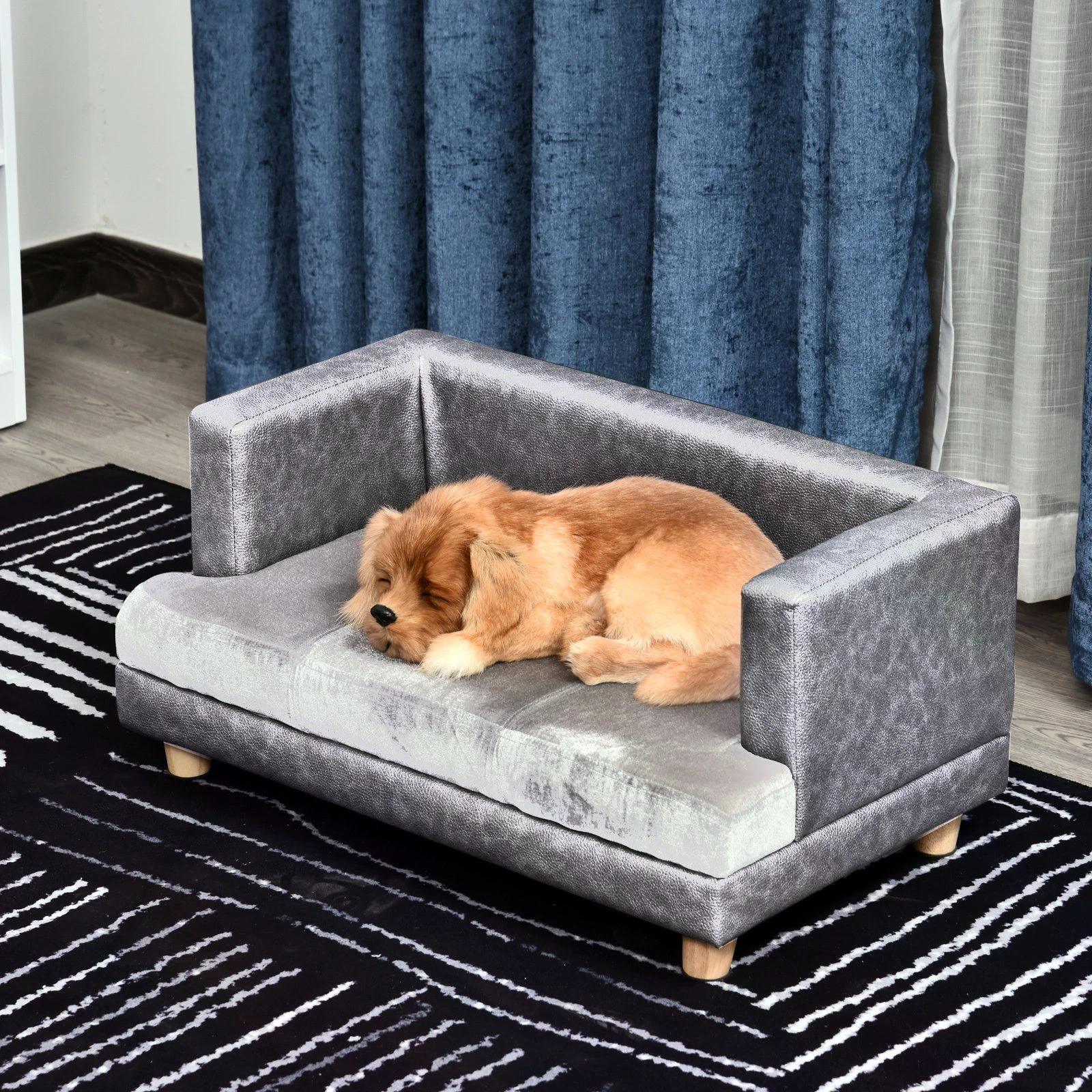 PawHut Grey PU Leather Elevated Pet Sofa Bed - ALL4U RETAILER LTD