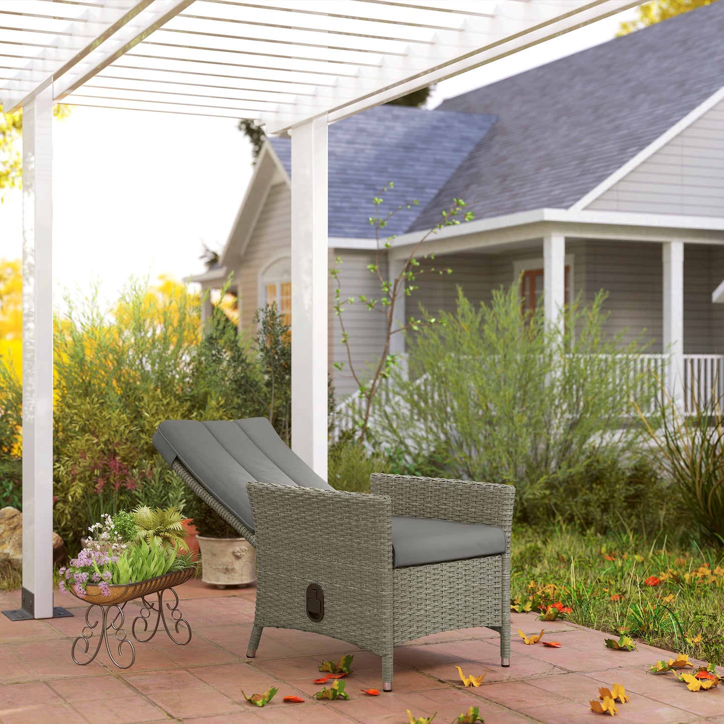Outsunny Reclining Rattan Chair 105 To 150 Degrees Backrest Grey Cushioned Outdoor Lounger