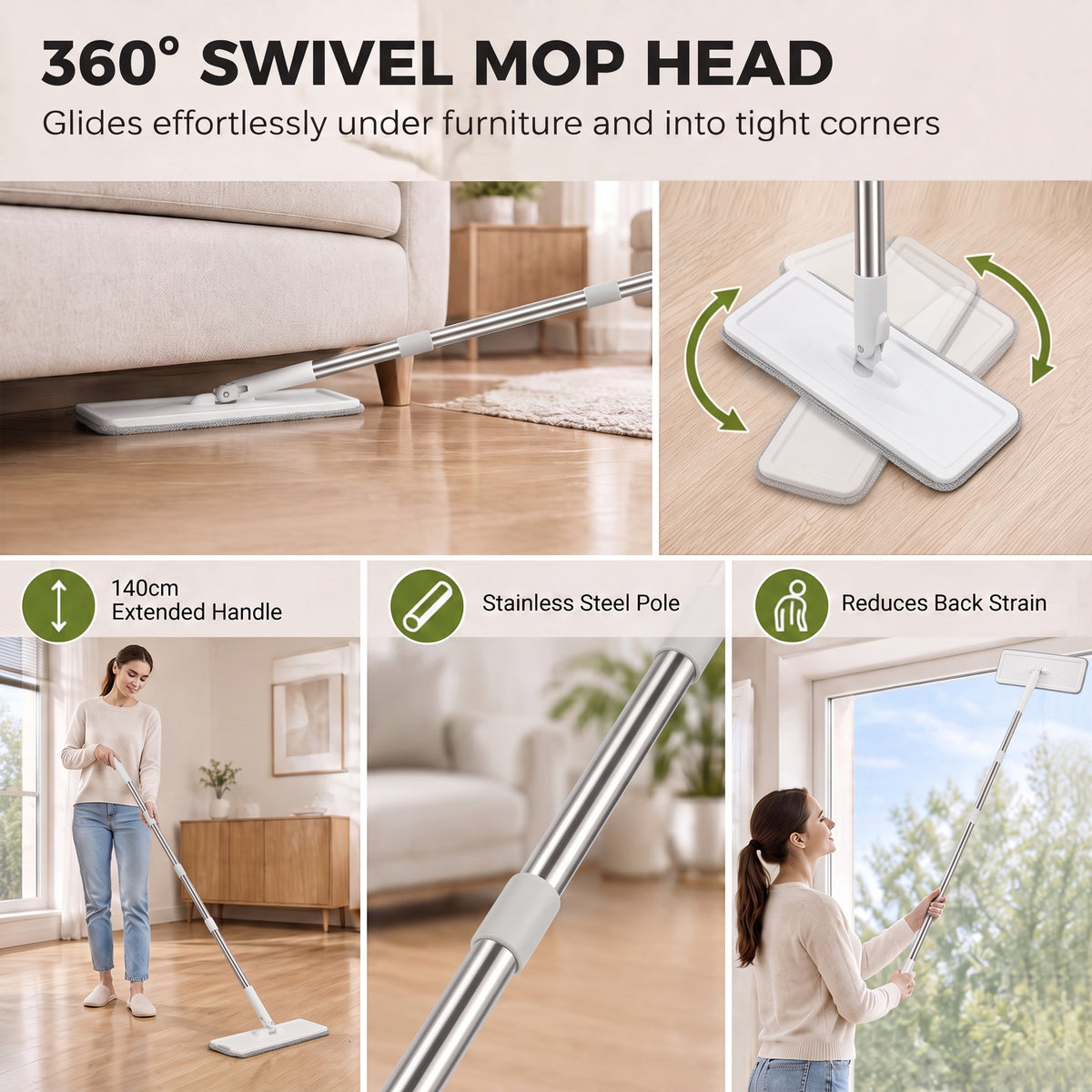 360 swivel flat mop head on extendable handle with stainless steel pole