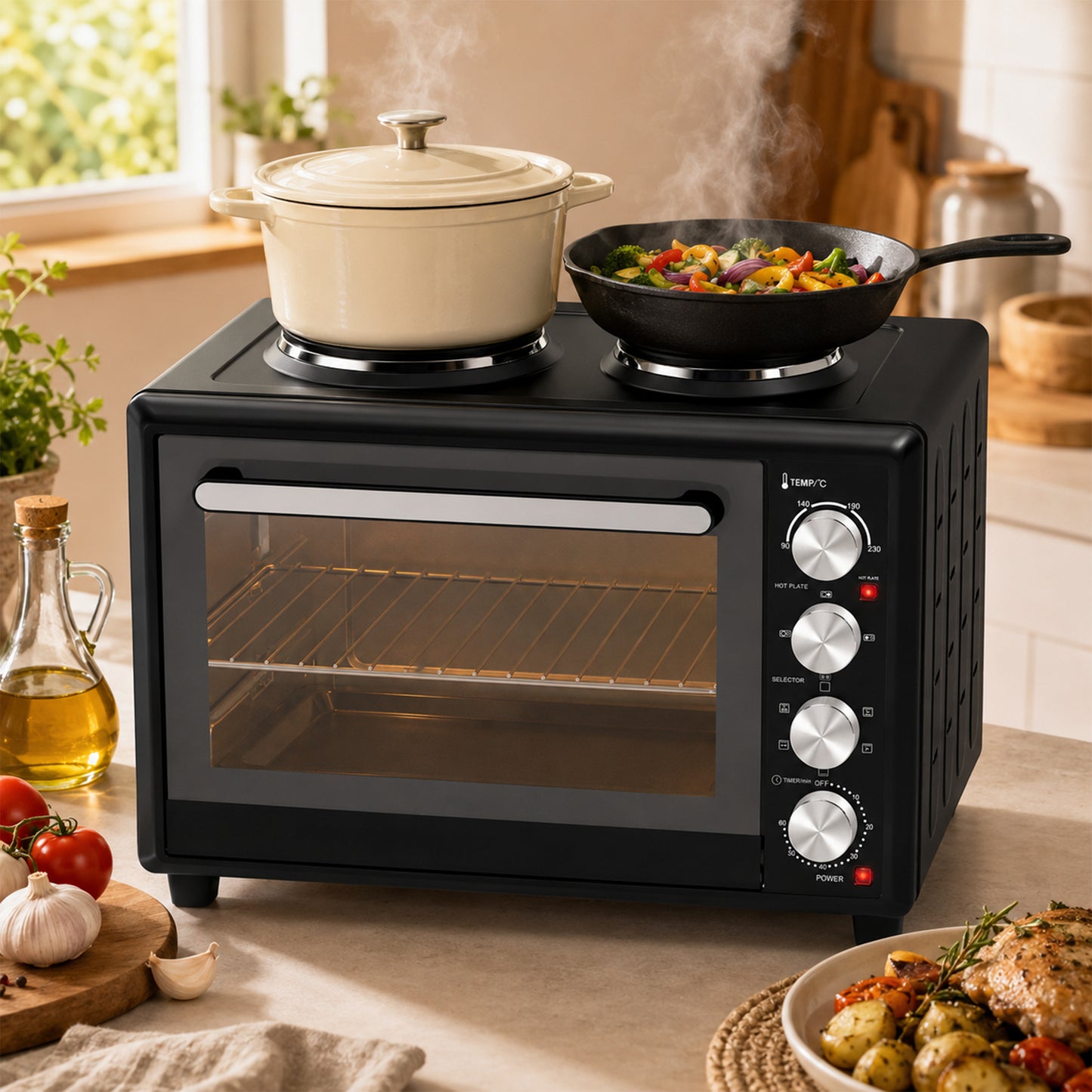 HOMCOM 46L Countertop Oven With Dual Hot Plates Convection And Adjustable Thermostat