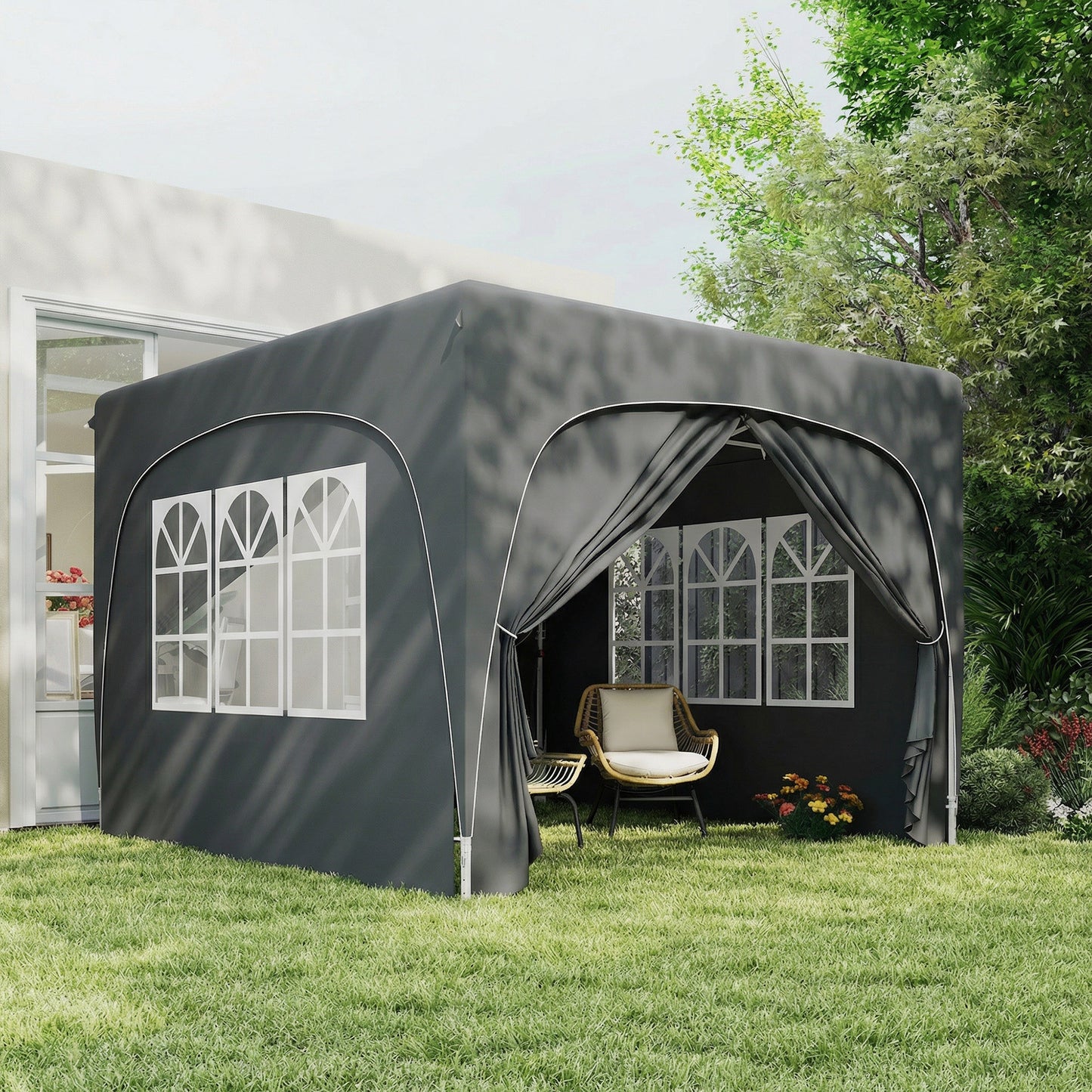 Outsunny 3x3m Pop Up Gazebo Shelter With Accessories Dark Grey UPF50 Fabric Canopy Adjustable Height 255 265 275 cm