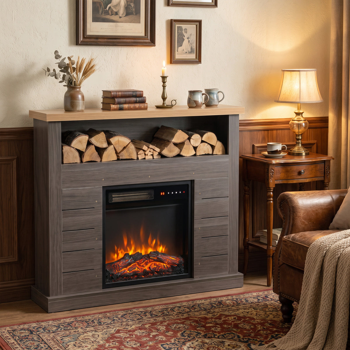 Gray electric fireplace TV stand with log compartment shelf and warm flame effect in window