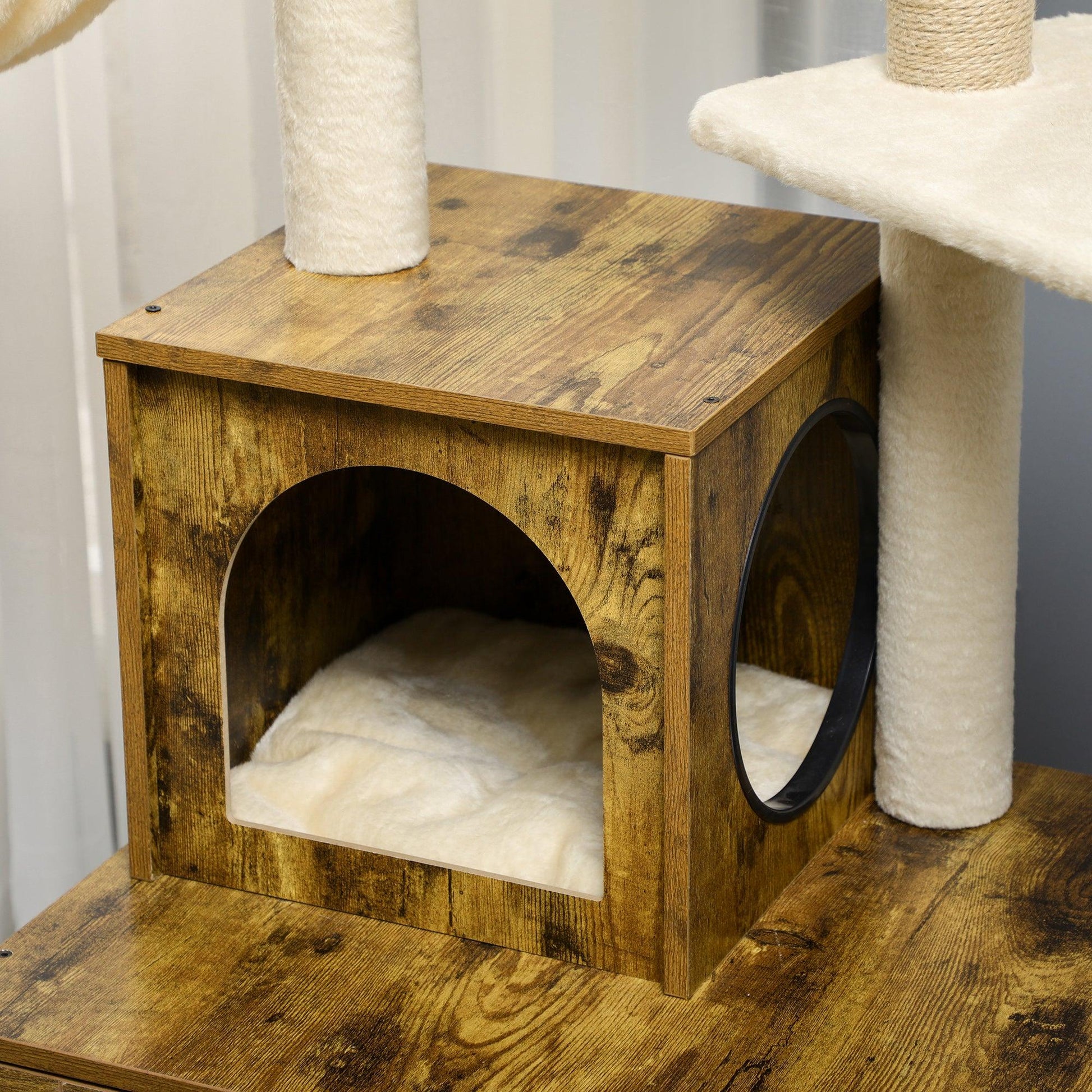 PawHut Rustic Brown Cat Litter Box Enclosure with Tree Tower, Cat House, Hammock - ALL4U RETAILER LTD