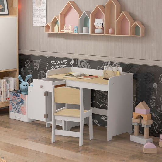 White kids desk and chair set with open storage cabinet and drawer