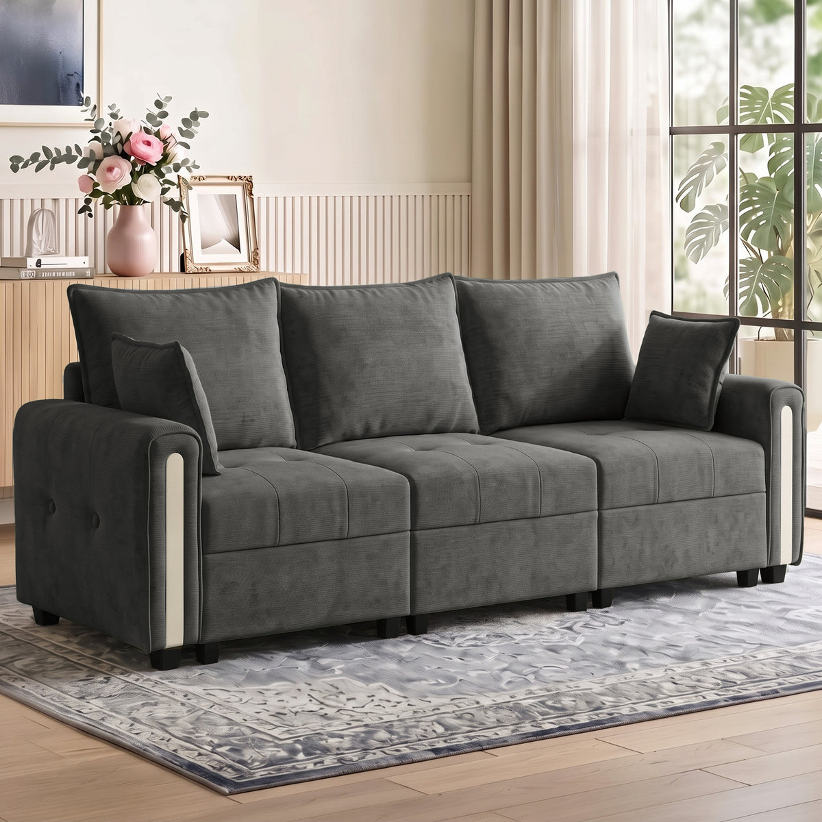 Dark grey 3-seat velvet sofa with multiple back cushions and sturdy armrests