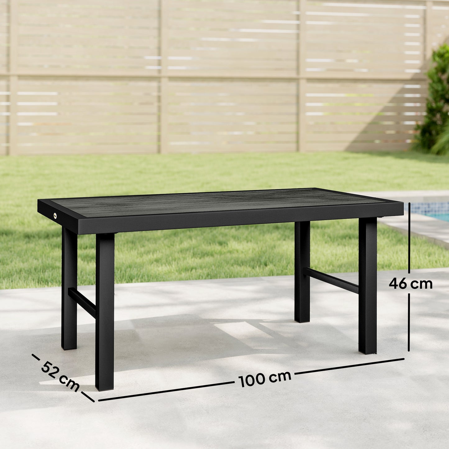 Outsunny Metal Garden Coffee Table With SPC Woodgrain Tabletop 100 x 52 x 46 cm Outdoor Side Table Dark Grey