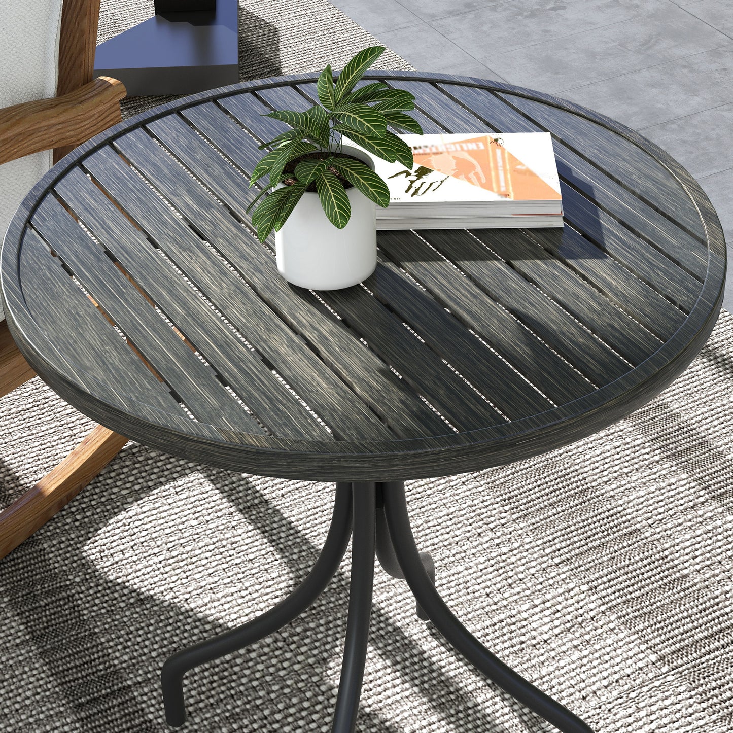 Outsunny 66cm Galvanised Steel Round Garden Table With Slatted Top Grey Powder Coated Frame