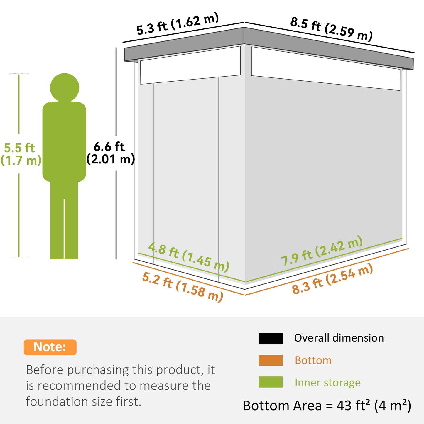 Outsunny 5.3 by 8.5 ft Galvanised Steel Garden Shed With Roof Windows Lockable Wide Door For Outdoor Tool Storage