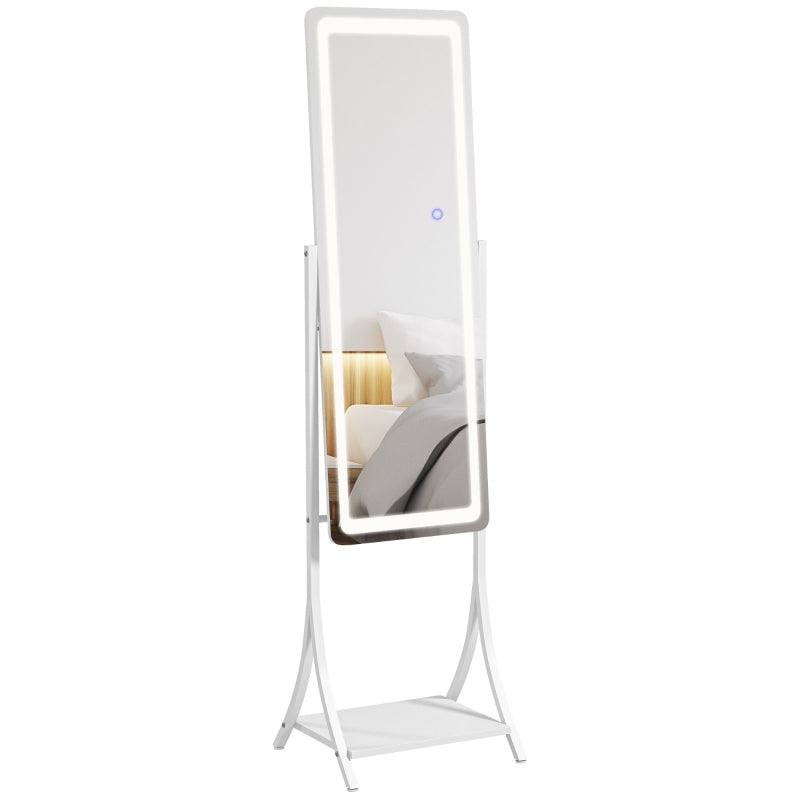 HOMCOM Free Standing Dressing Mirror with LED Lights, Full Length Mirror featuring 3 Temperature Colours and Convenient Storage Shelf - ALL4U RETAILER LTD