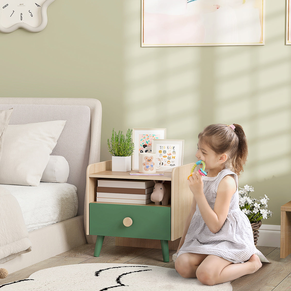 AIYAPLAY Kids Wooden Bedside Table With Drawer And Open Storage Shelf Green