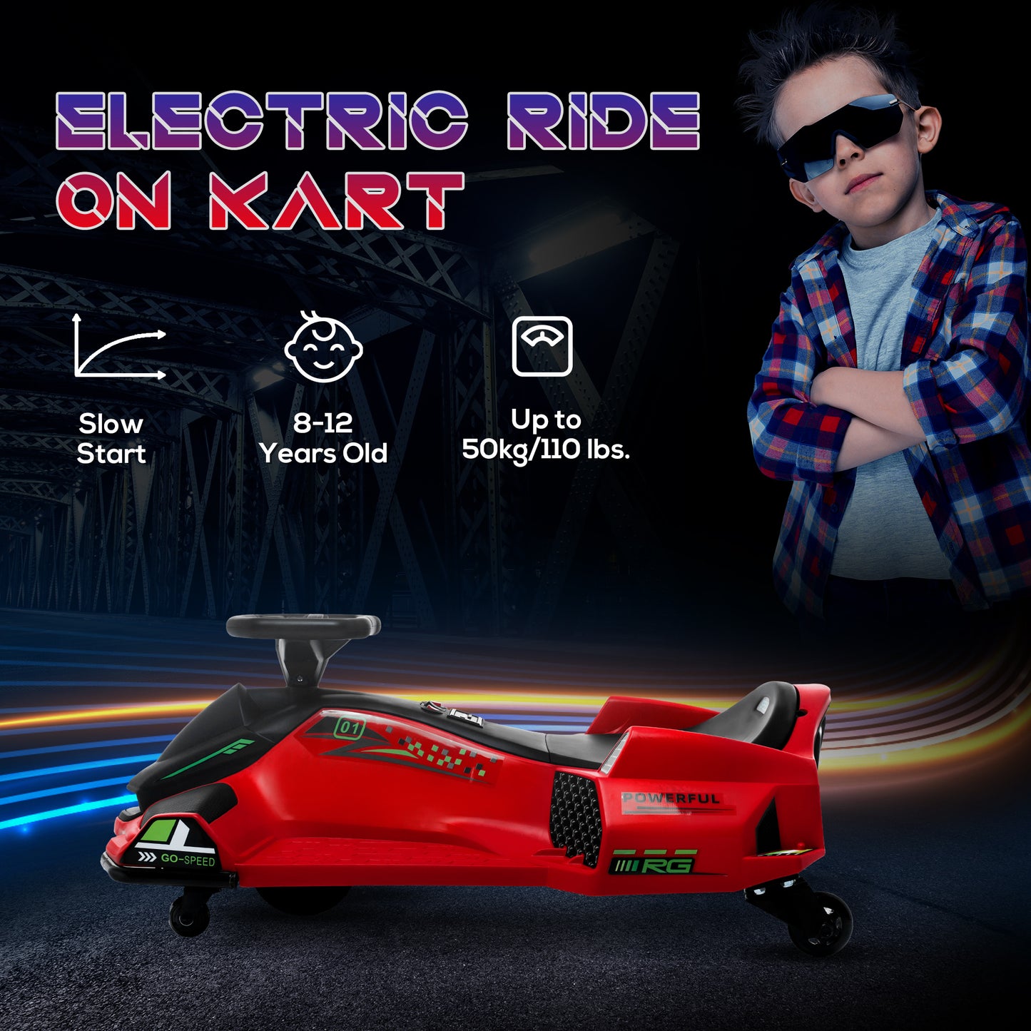 HOMCOM 12V Kids Electric Drift Go Kart with Music & LED Lights, Red - ALL4U RETAILER LTD