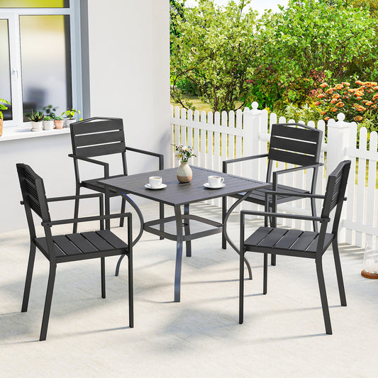 Outsunny Stackable Garden Chairs Set Of 4 Dining Chairs With Slatted HDPE Seat Back And Armrests Metal Frame Black