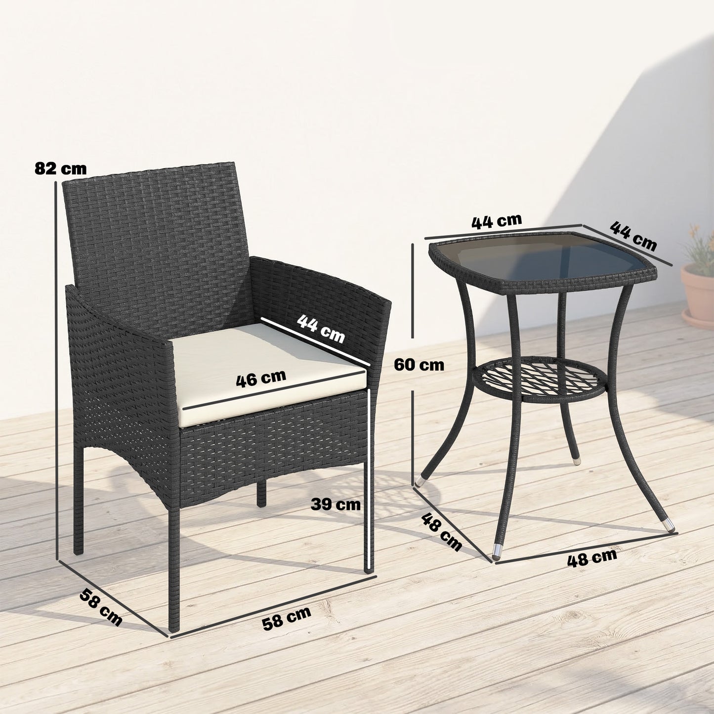 Outsunny 3 Piece Rattan Bistro Set Outdoor Cream White With 2 Tier Glass Top Table And Cushioned Chairs