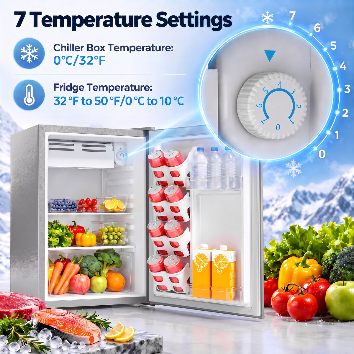 Grey mini fridge open door with temperature control knob and multiple chill settings