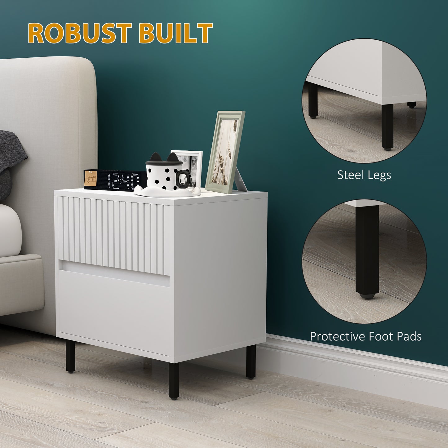 HOMCOM Two Drawer Bedside Tables Set of 2 White Indented Top Drawer Modern Nightstands