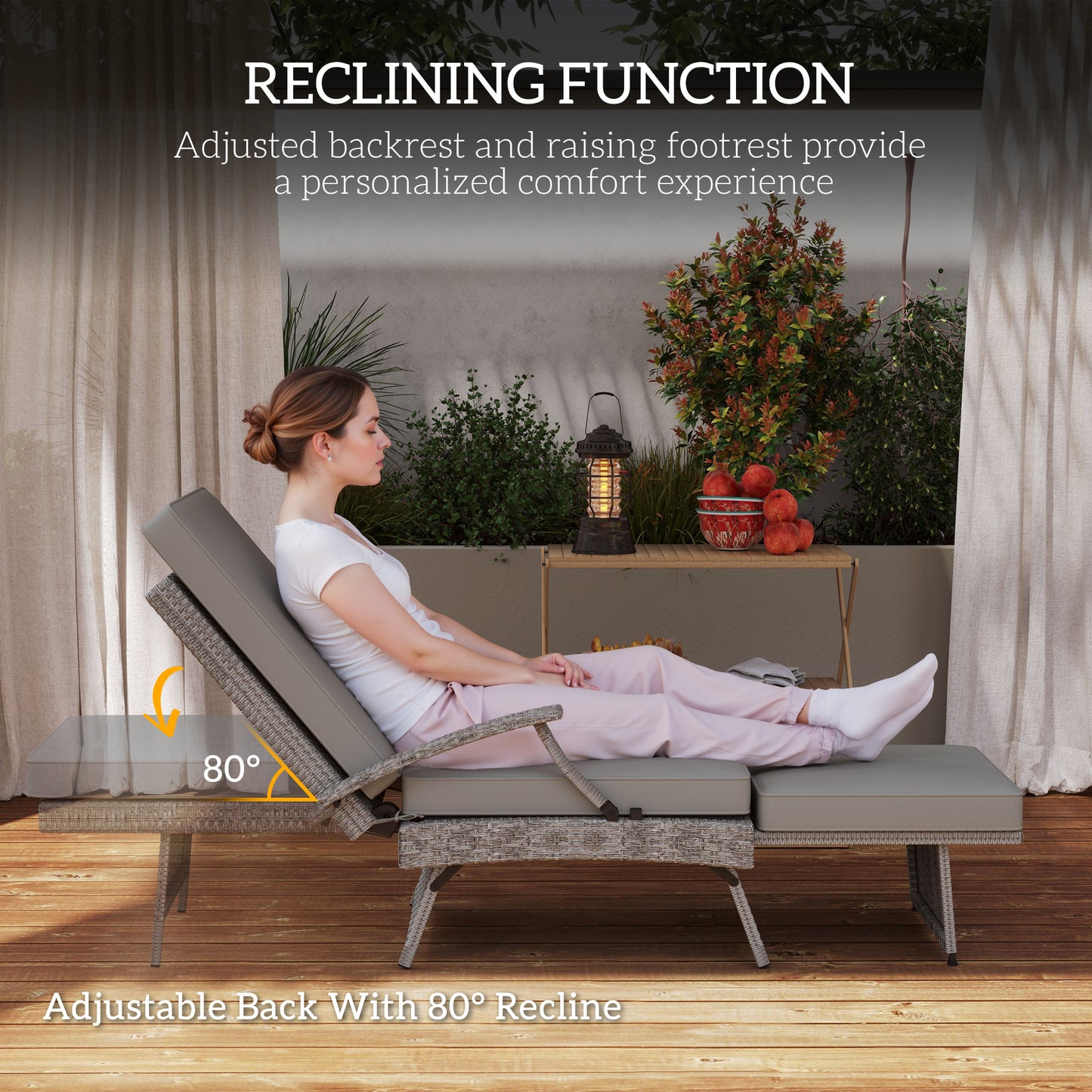 Outsunny 80 Degree Reclining Rattan Lounger With Adjustable Backrest And Footrest Grey Garden Chair