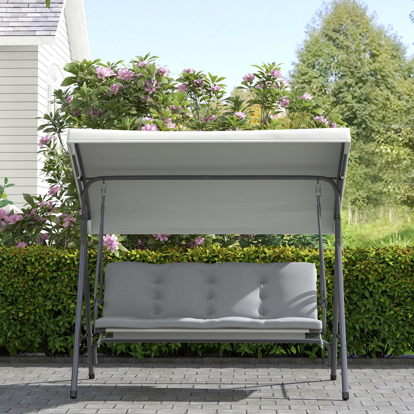 Outsunny Three Seater Garden Swing Seat With Adjustable Canopy And Removable Padded Seat And Back Cushions Light Grey