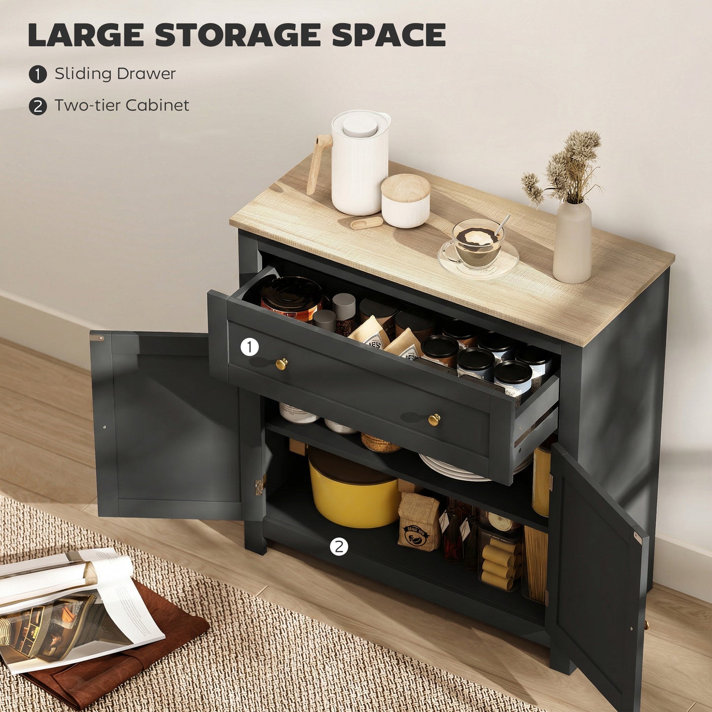 HOMCOM Sideboard Storage Cabinet With Adjustable Shelf Drawer And Double Doors Black Modern Kitchen Cupboard