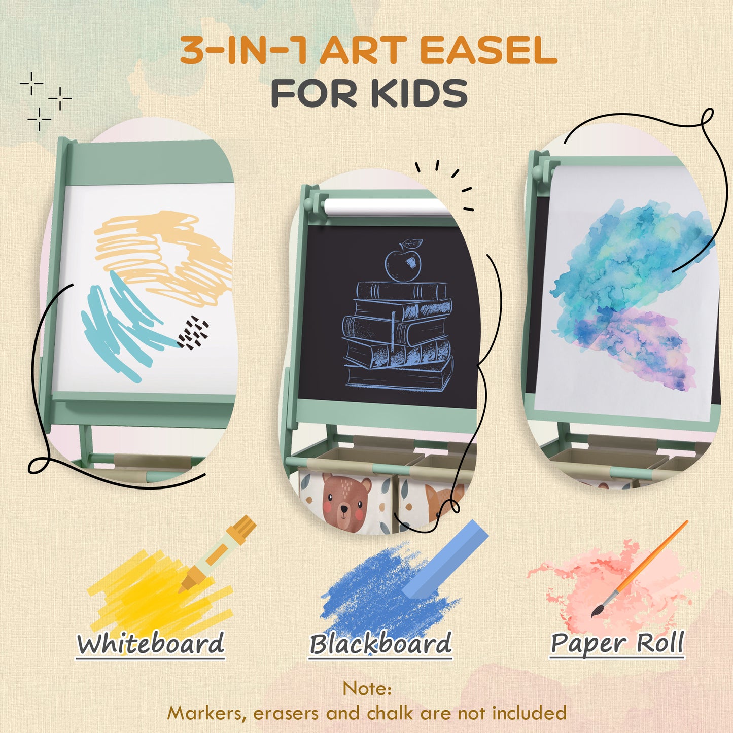 AIYAPLAY Three In One Kids Easel With Paper Roll Blackboard And Whiteboard Storage Green