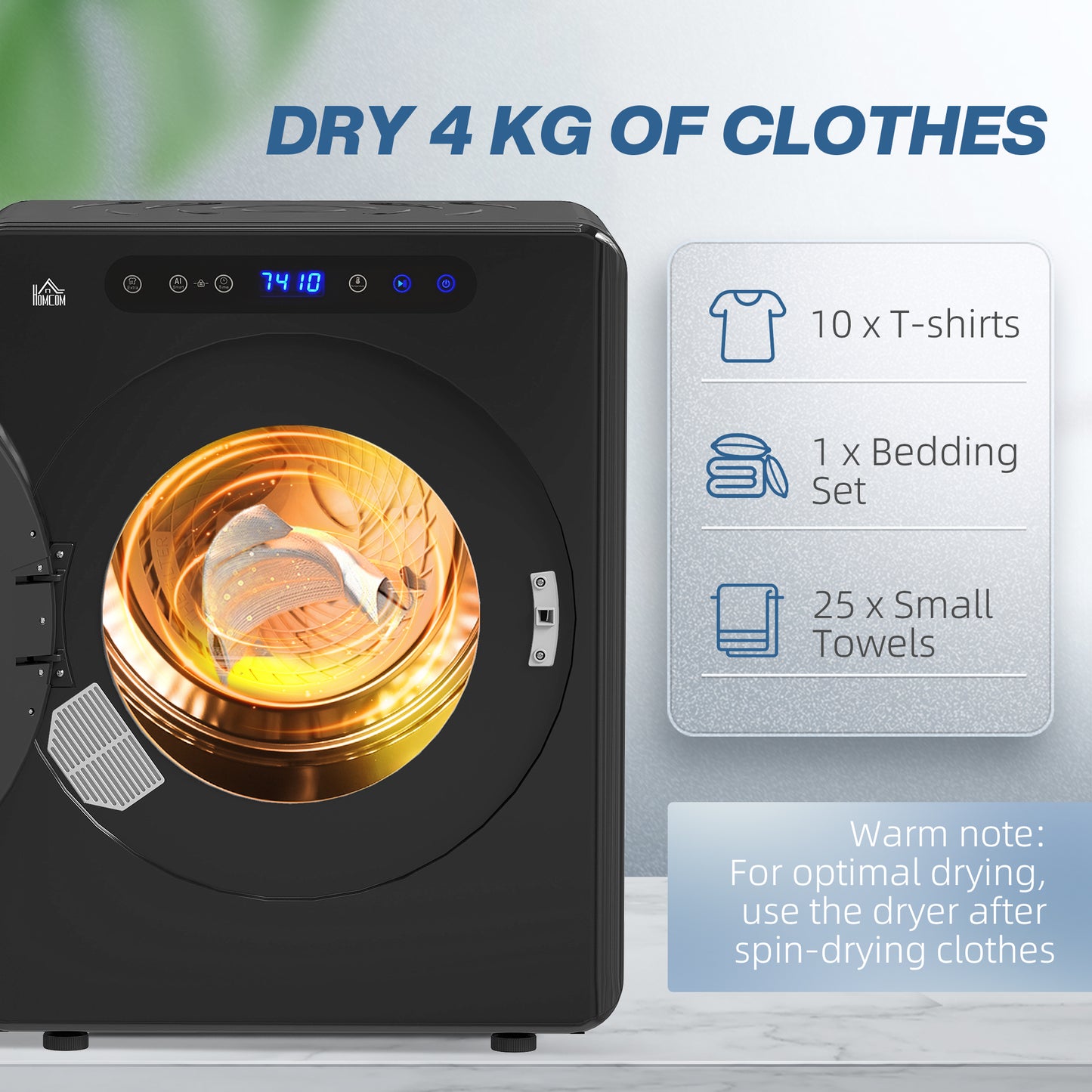 HOMCOM 4kg Compact Tumble Dryer With 40 To 60 Celsius Temperature Range Space Saving Black