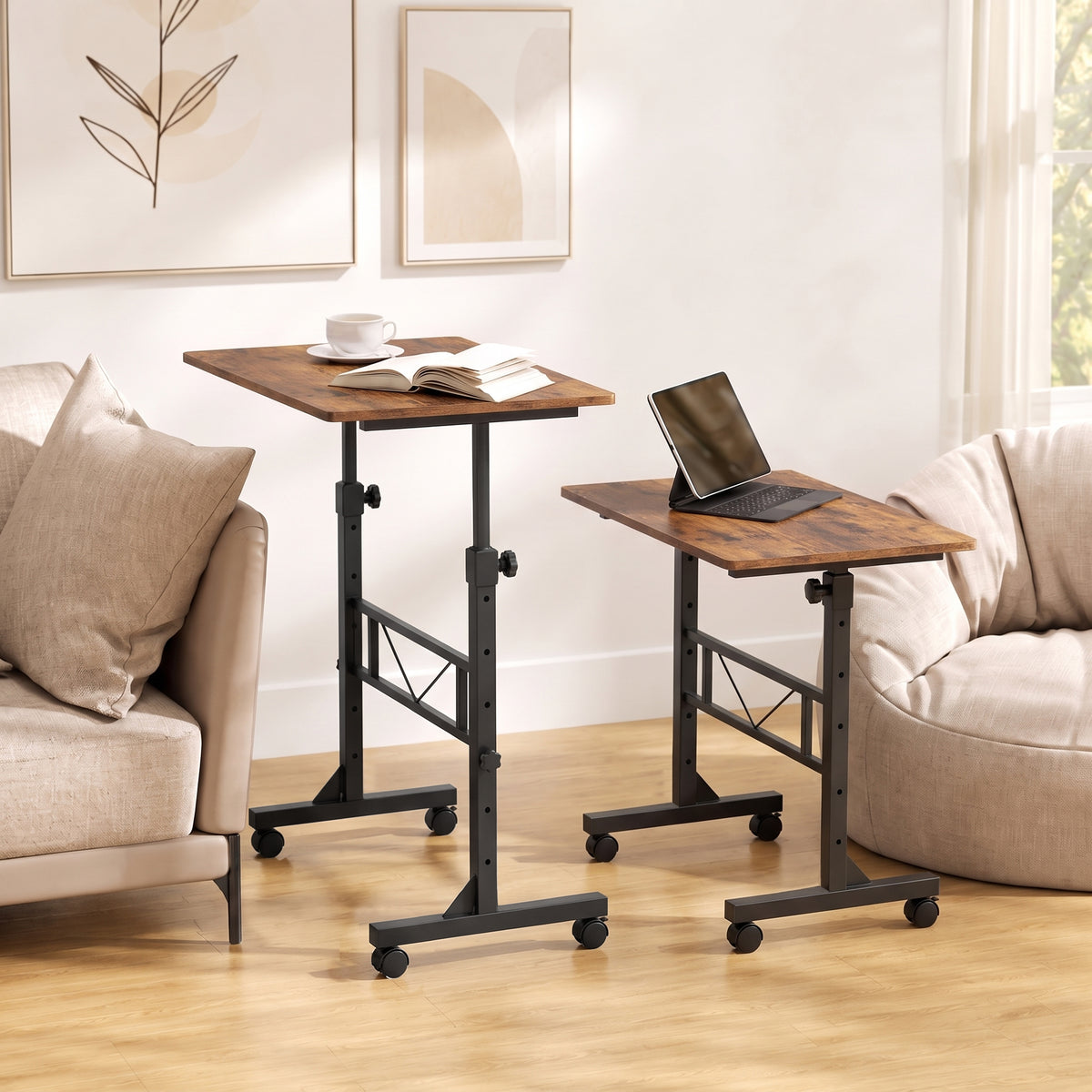 Height-adjustable overbed table with casters, wooden top, and black metal frame