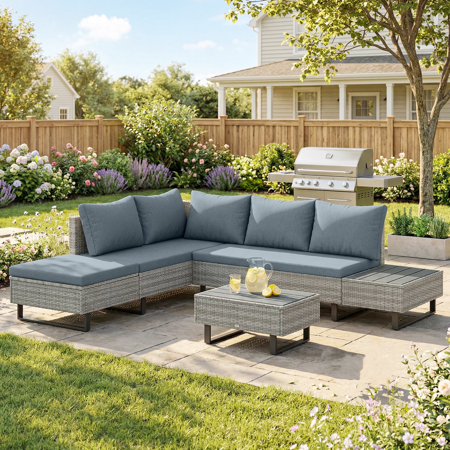 Outsunny 5 Seater Rattan Garden Furniture Set L Shaped Corner Sofa With Adjustable Back And Faux Wood Table Tops Grey