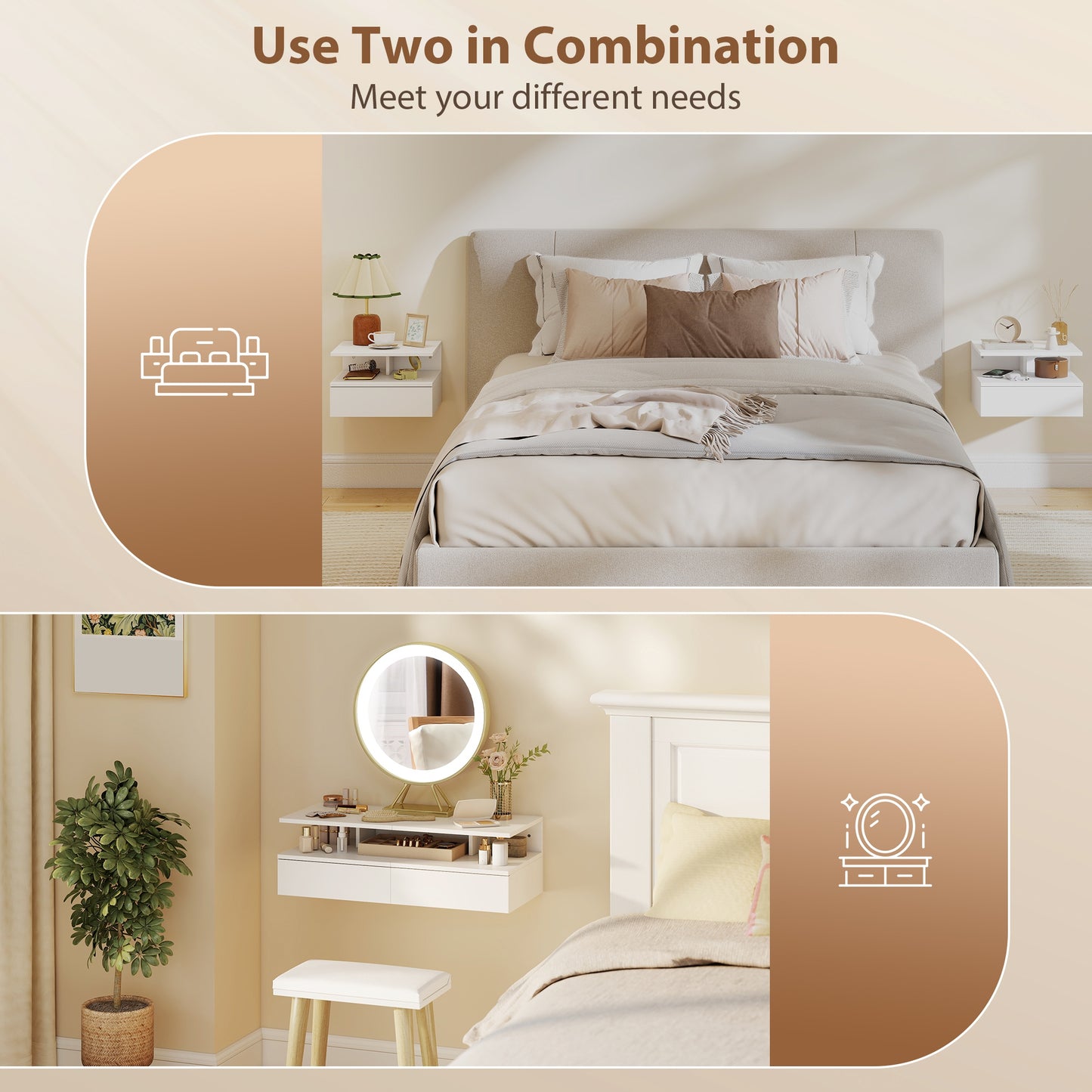 Homcom Floating Bedside Table Set Of Two White Modern Nightstands With Drawers And Open Shelves