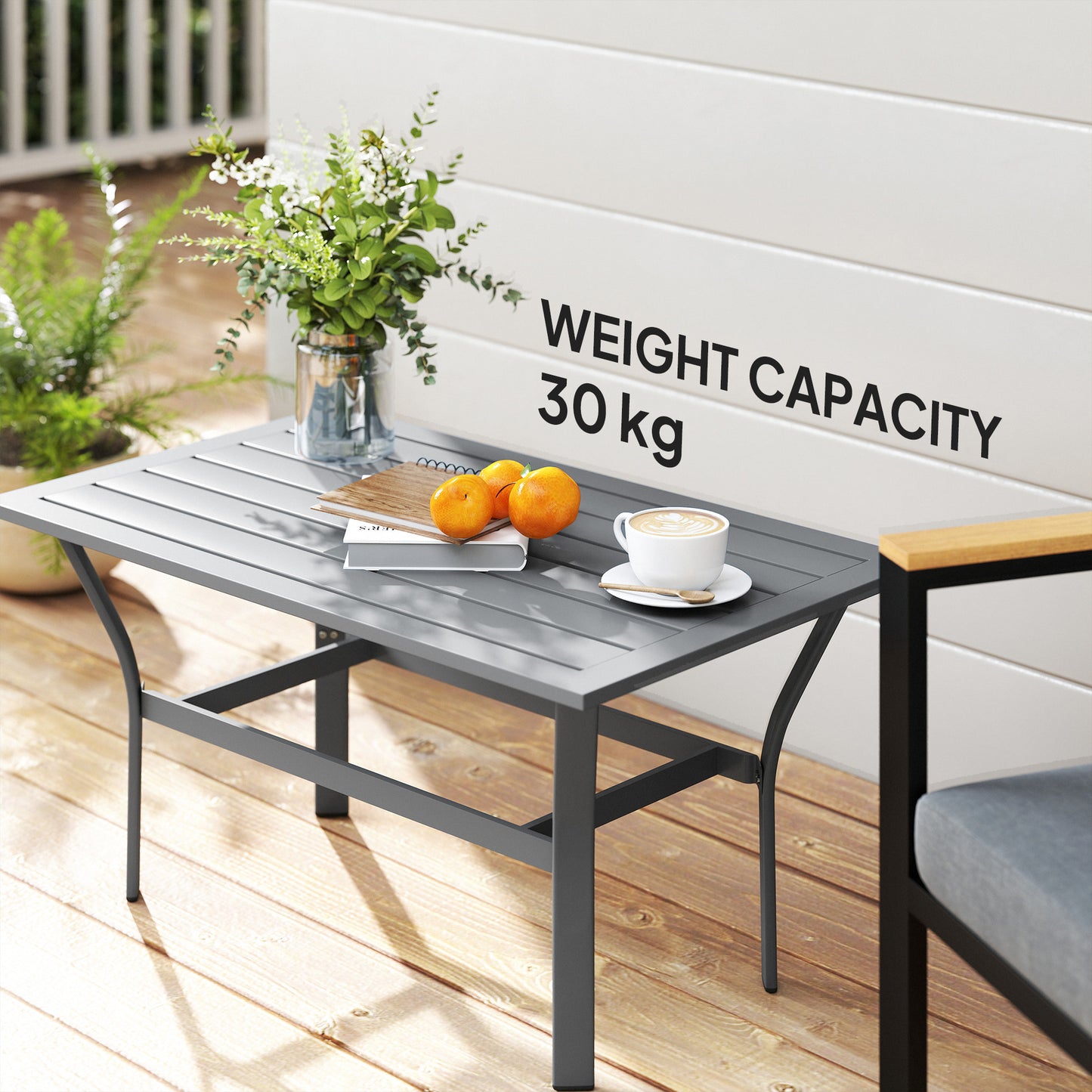 Outsunny Metal Garden Coffee Table Rectangular Outdoor Side Table With Slatted Tabletop 91.5 x 55 x 45 cm Dark Grey