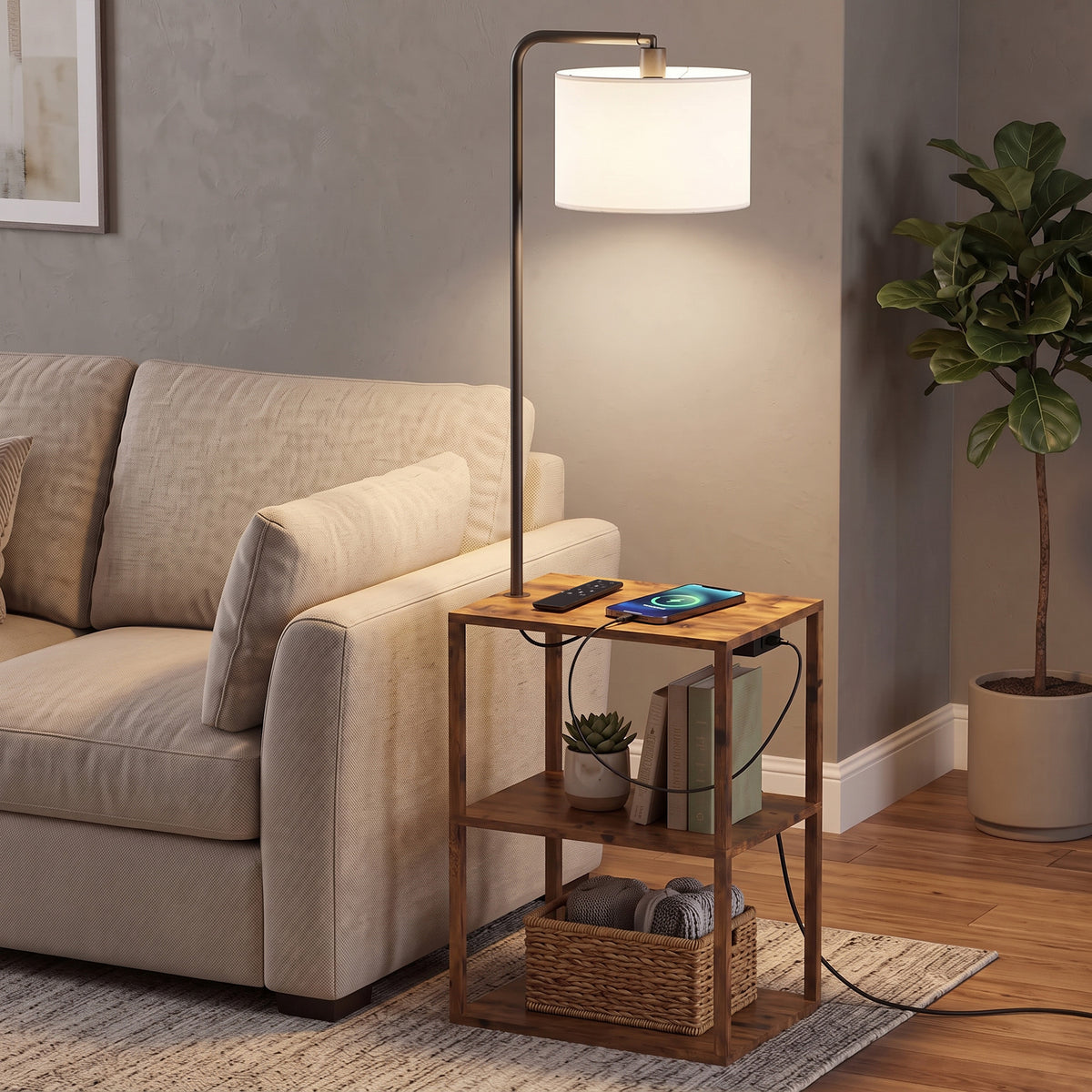 Brown floor lamp with 3-tier shelf unit and fabric shade, black metal frame