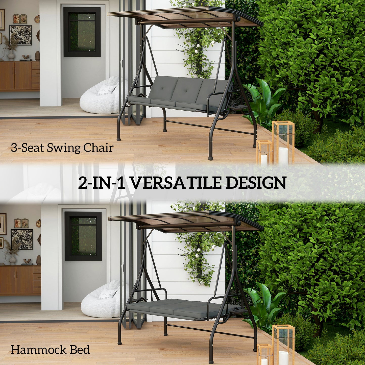 Outsunny Convertible Three Seater Swing Bench Bed With 90 Degree Canopy Side Cup Trays UPF30 Shade Dark Grey