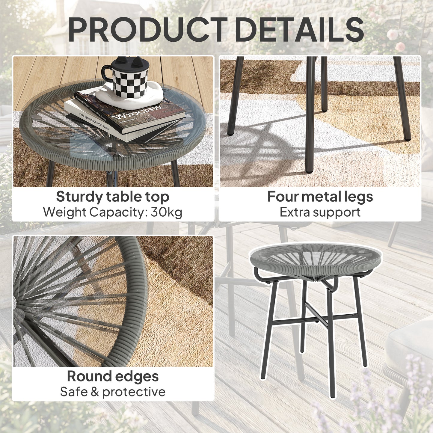 Outsunny Rattan Side Table Round Outdoor Coffee Table With PE Rattan And Tempered Glass Tabletop Light Grey