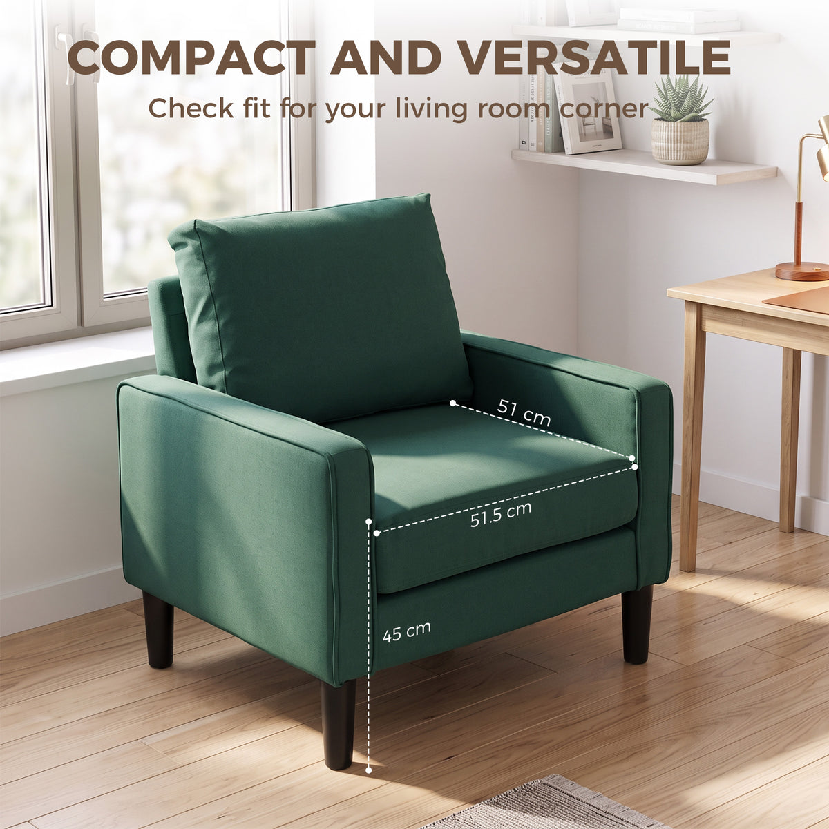 Compact dark green upholstered armchair with plush seat, back pillow, and sturdy legs