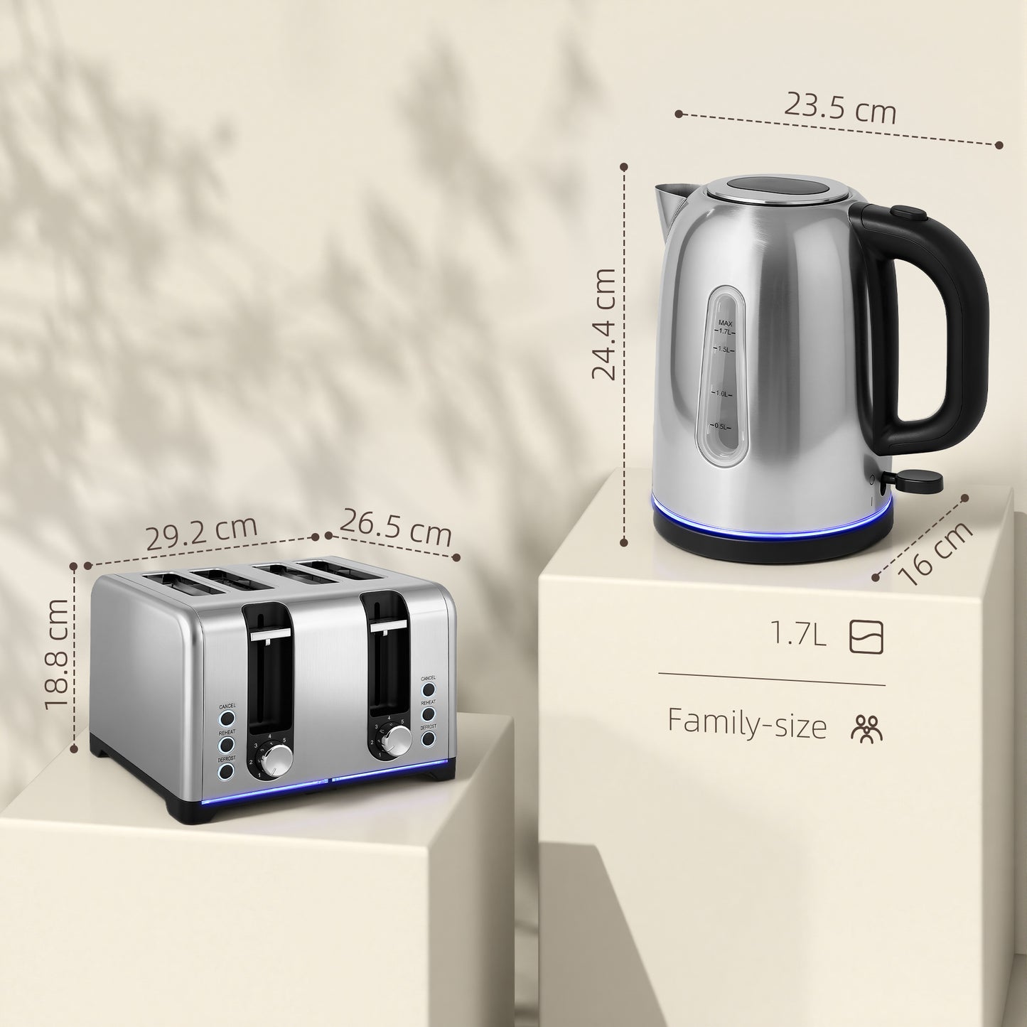 HOMCOM Kettle And Toaster Set 1.7L 3000W Rapid Boil Kettle With Limescale Filter 7 Browning Controls LED Strip Silver