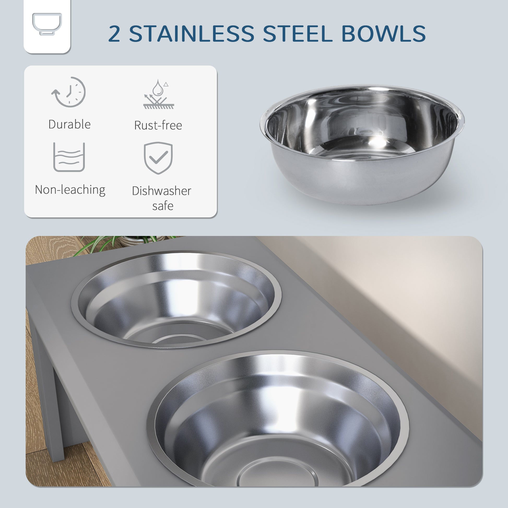 PawHut Elevated Grey Dog Feeding Station with Stainless Steel Bowls for Small and Medium Breeds - ALL4U RETAILER LTD