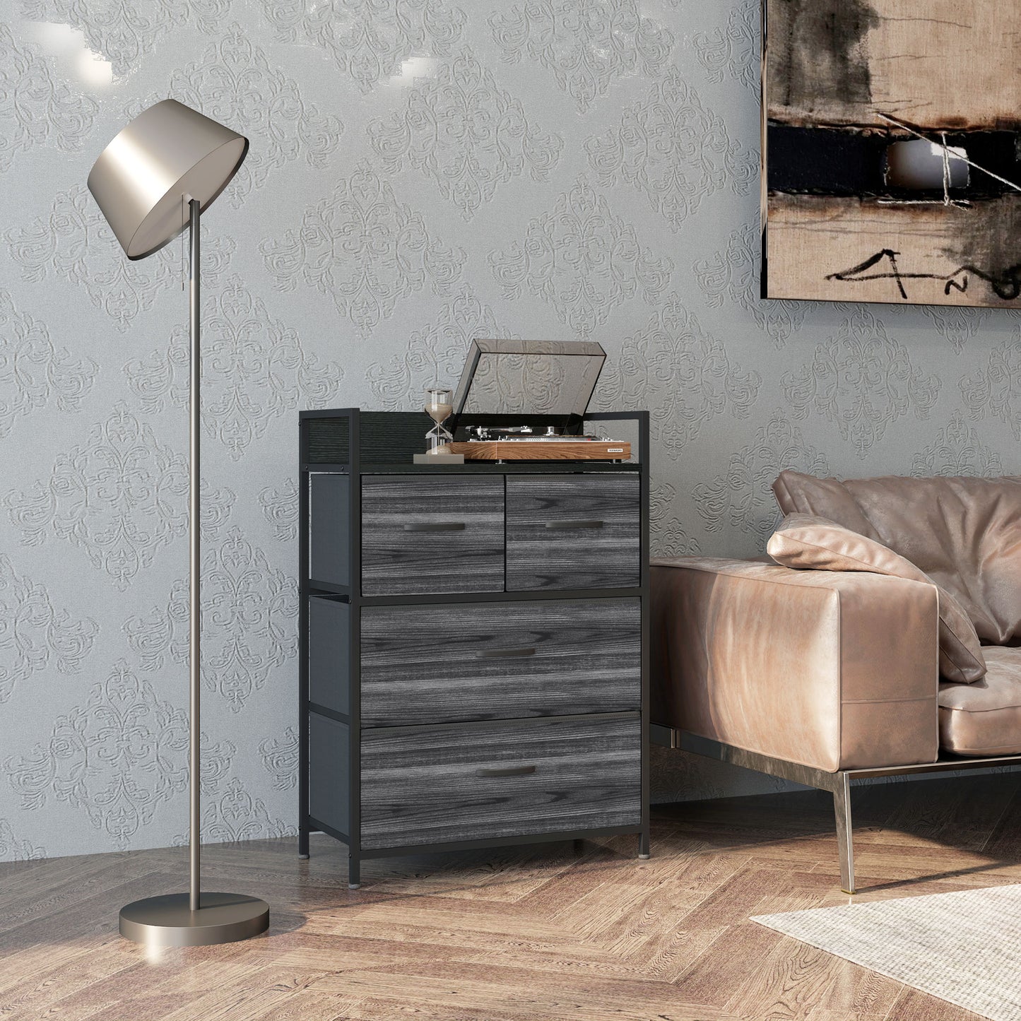 HOMCOM Rustic Chest of Four Fabric Drawers in Black for Bedroom Storage and Organizing Clothes