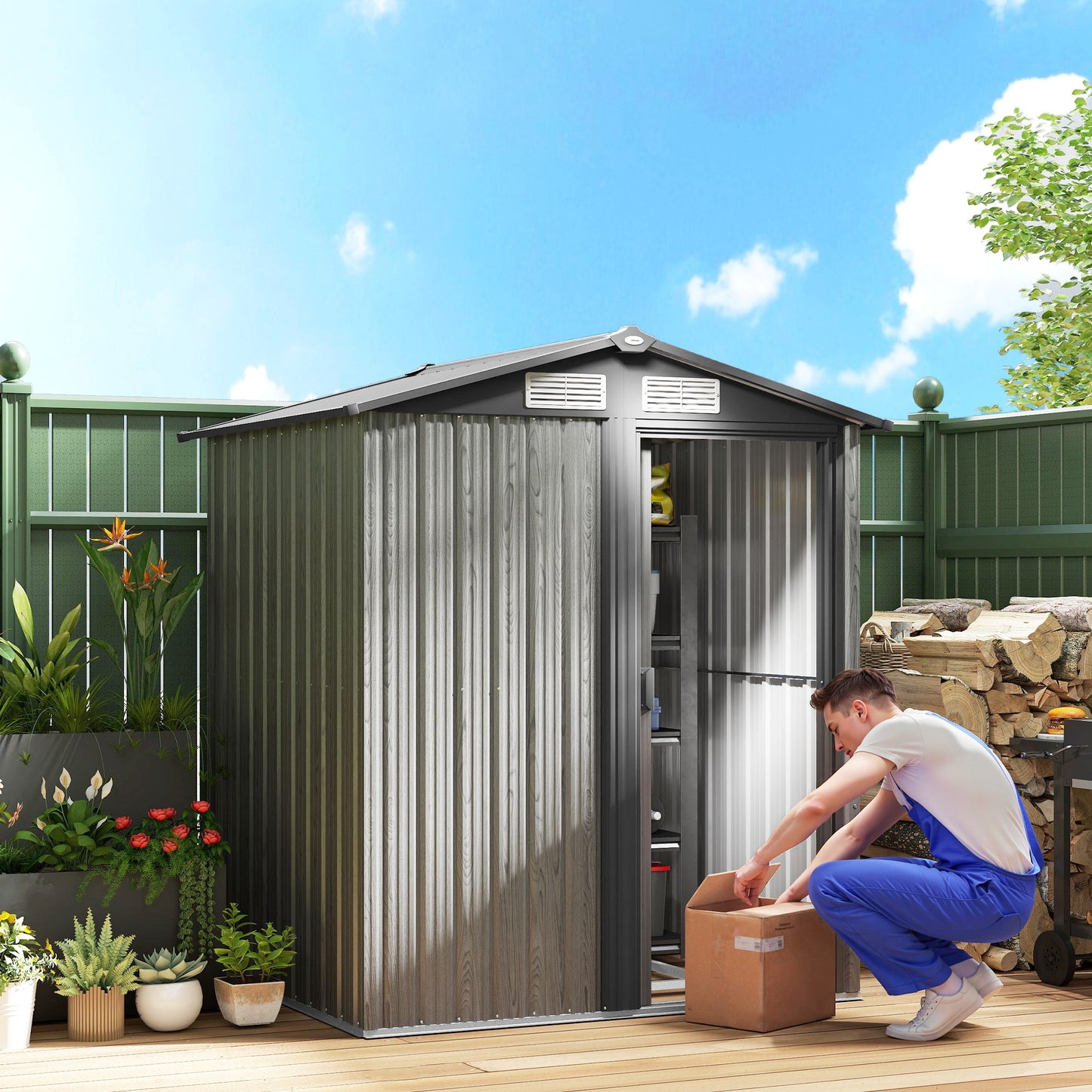 Outsunny Galvanised 4.3 x 5ft Outdoor Garden Storage Shed Grey Wood Effect Sheltered Roof With Ventilation