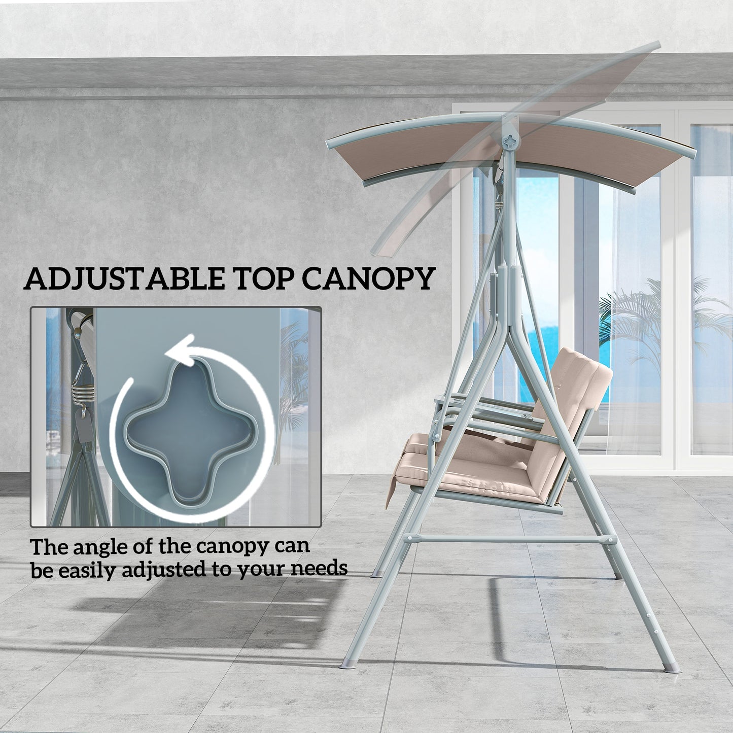 Outsunny 2 Seater Garden Swing Chair Patio Rocking Bench Tilting Canopy Double Padded Seats Storage Bag Tray Beige