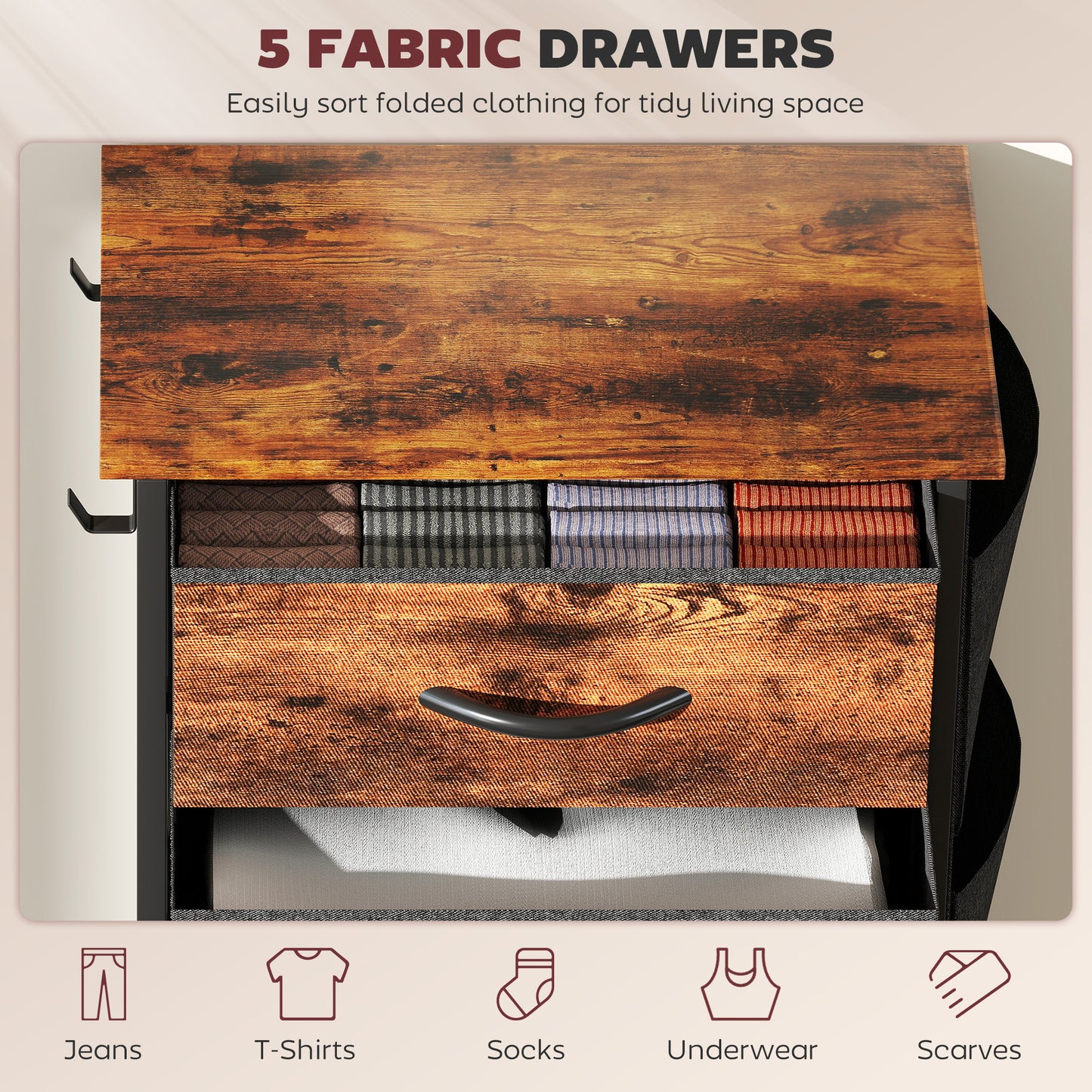 HOMCOM Five Drawer Fabric Chest Rustic Brown Finish With Steel Frame For Bedroom Storage