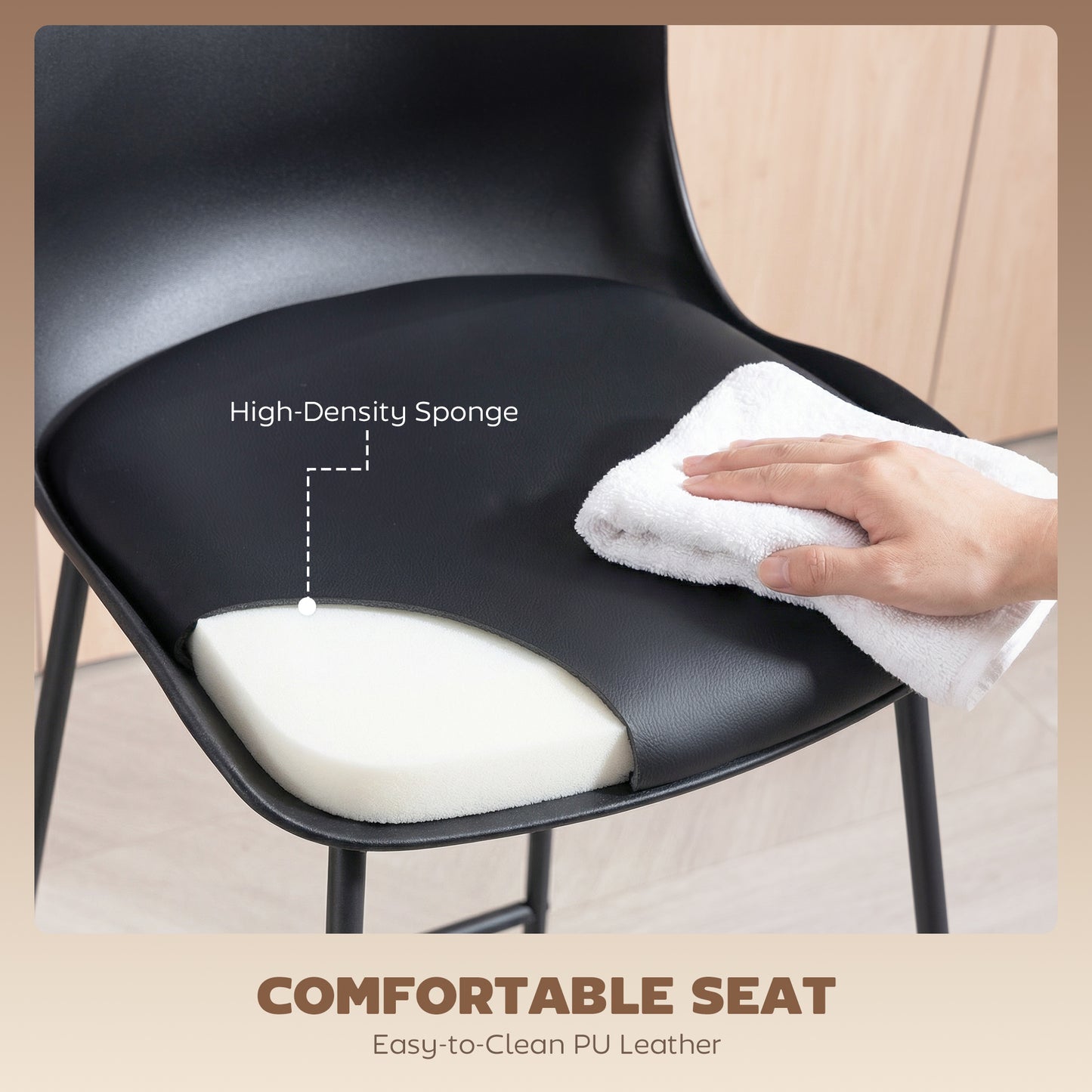 HOMCOM Modern Bar Stools Set of 2 PU Leather Counter Height Chairs for Breakfast Bars Dining Room Black