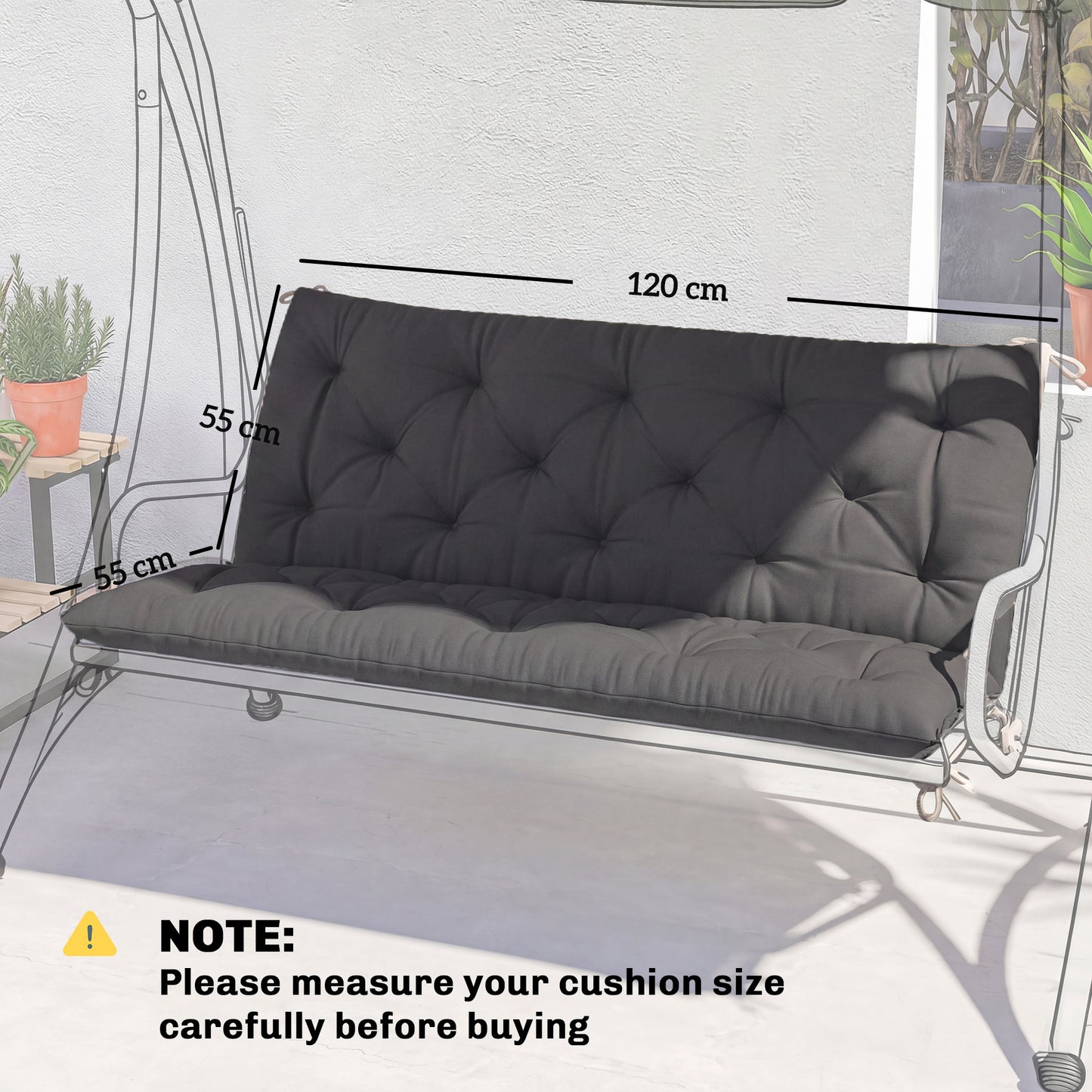 Outsunny 110 X 120 Cm Black Garden Bench Cushion For 2 Seater Swing Chair Indoor Outdoor Use With Ties