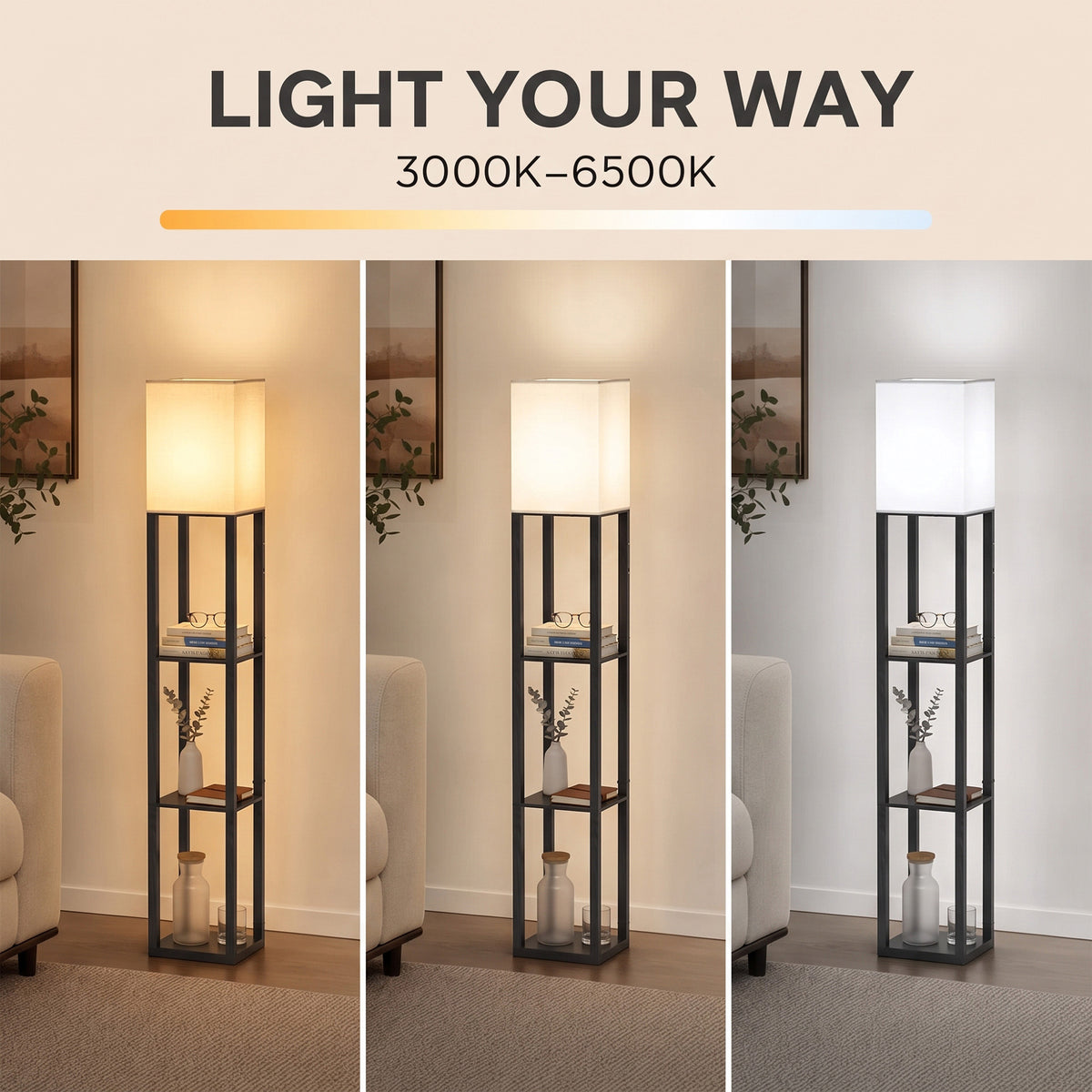 Floor lamp showing adjustable light tones, from cool white to warm white