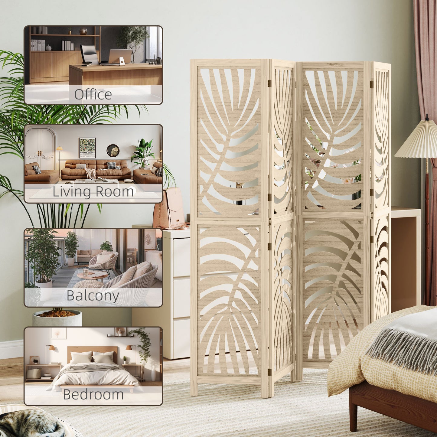 HOMCOM 4 Panel Privacy Screen Folding Room Divider Detachable Palm Leaf Design Natural Wood Finish For Home Office