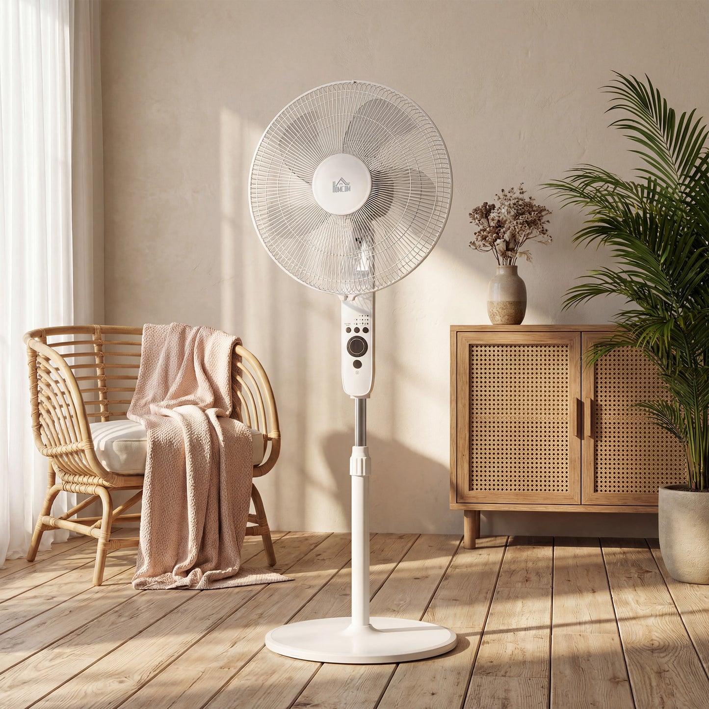 HOMCOM 18 Inch Pedestal Fan Sleep Mode Remote Control Oscillating Standing Fan 3 Speeds Adjustable Height White